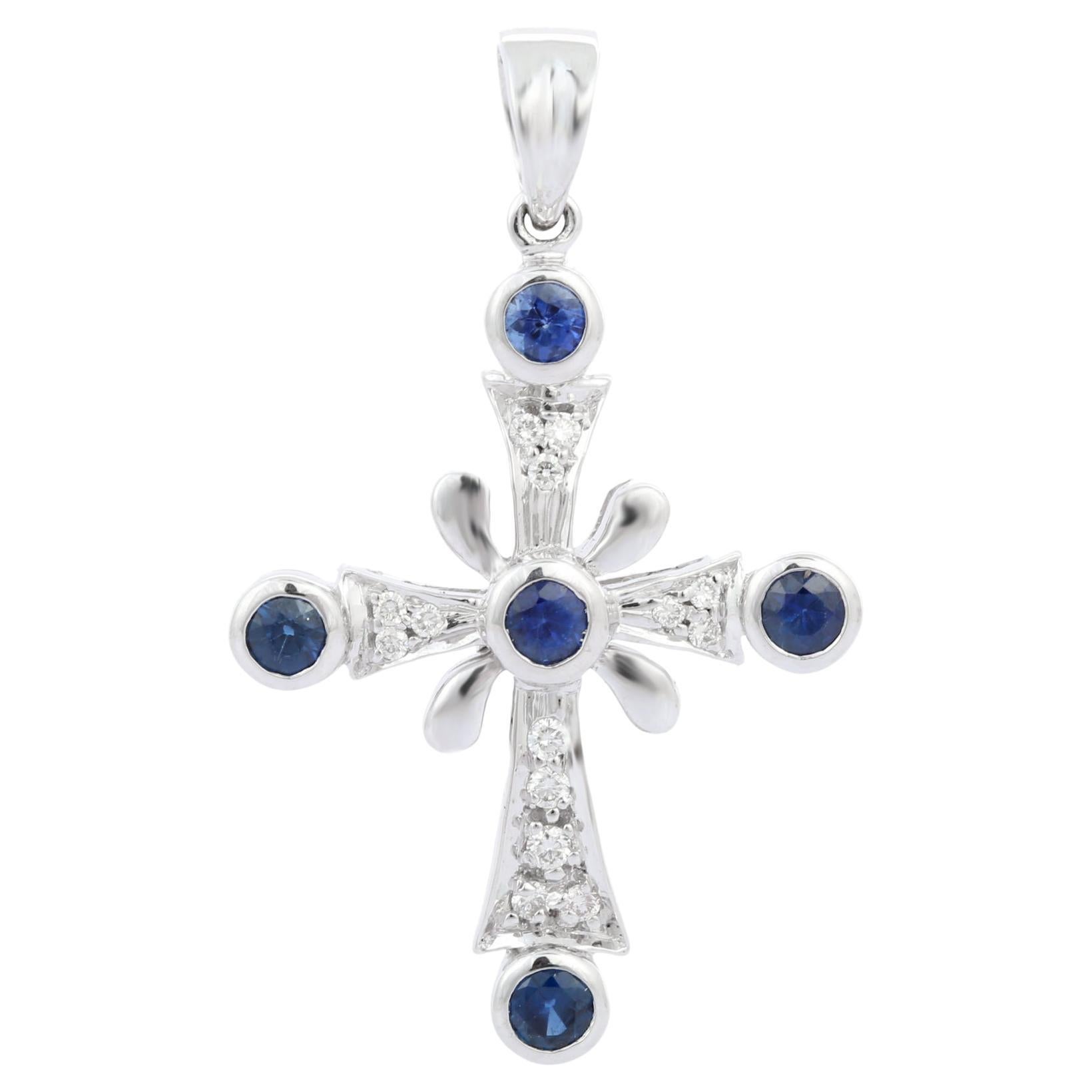 Diamond and Blue Sapphire Cross Pendant in 18 Karat White Gold, Christmas Gift For Sale