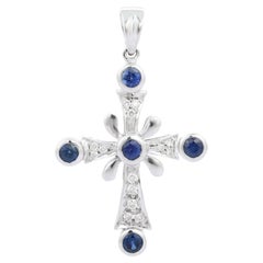 Diamond and Blue Sapphire Cross Pendant in 18 Karat White Gold, Christmas Gift