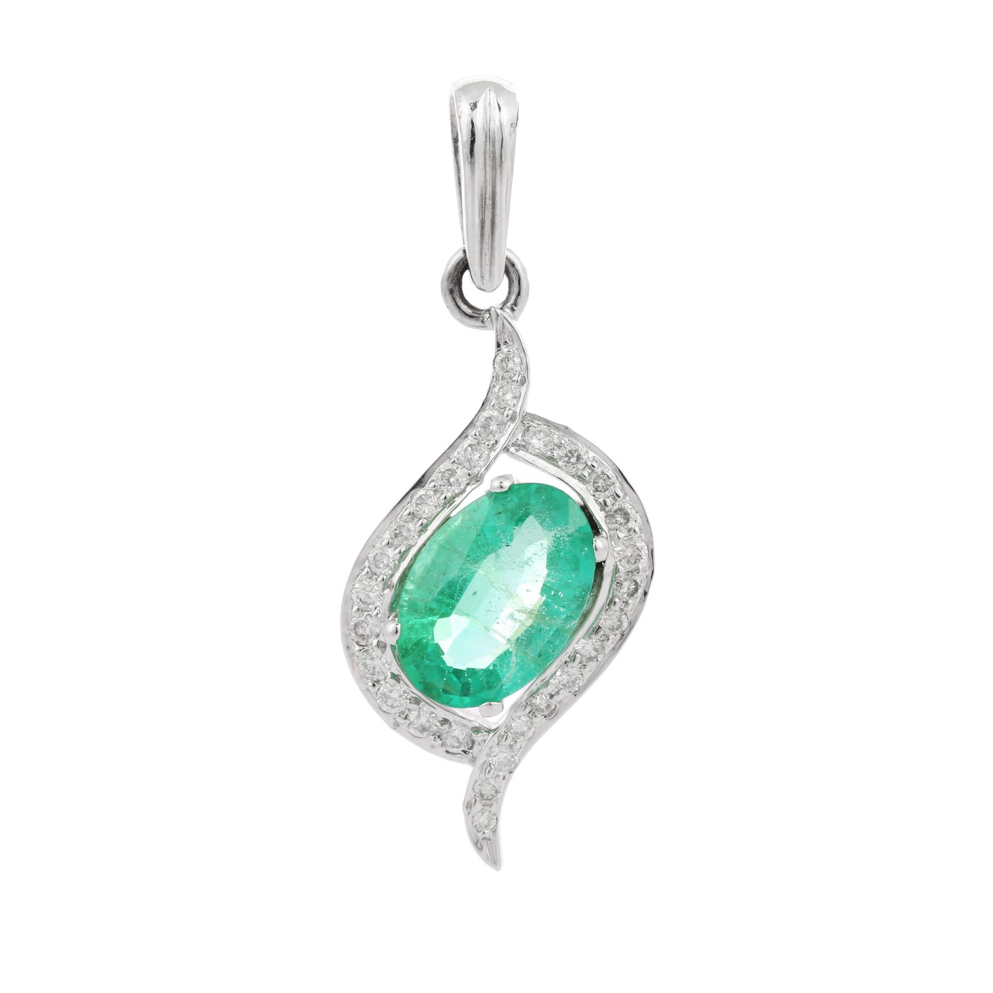 Art Deco 18K White Gold Designer Emerald Pendant with Diamonds For Sale