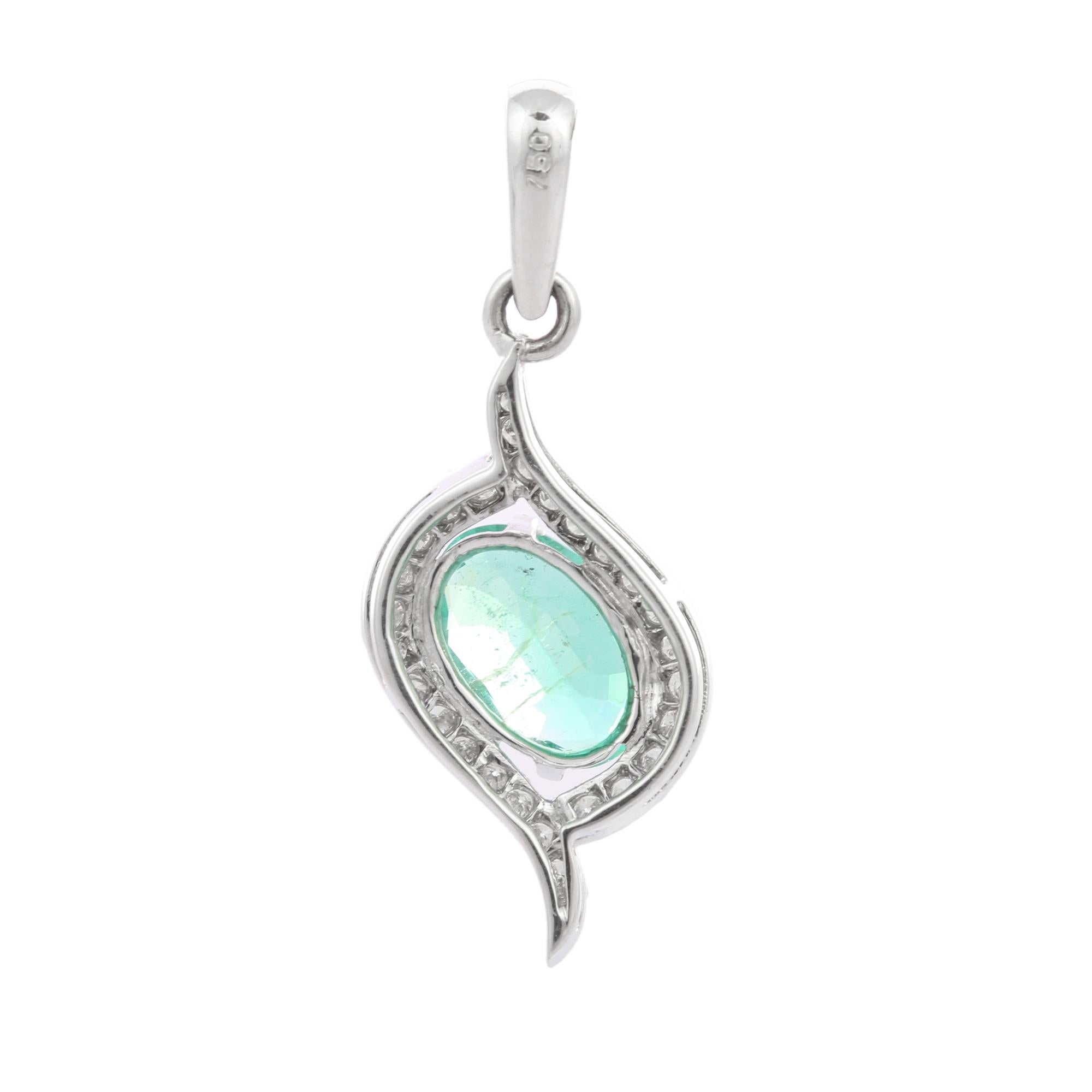 Oval Cut 18K White Gold Designer Emerald Pendant with Diamonds For Sale