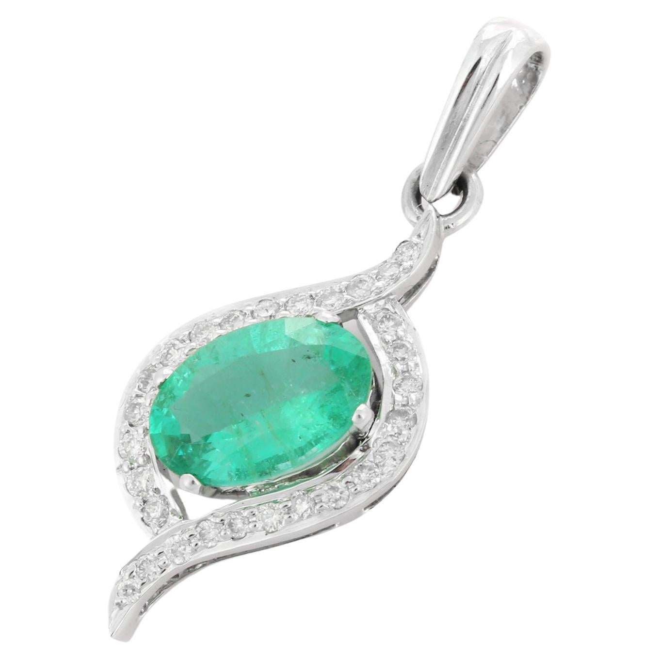 18K White Gold Designer Emerald Pendant with Diamonds For Sale