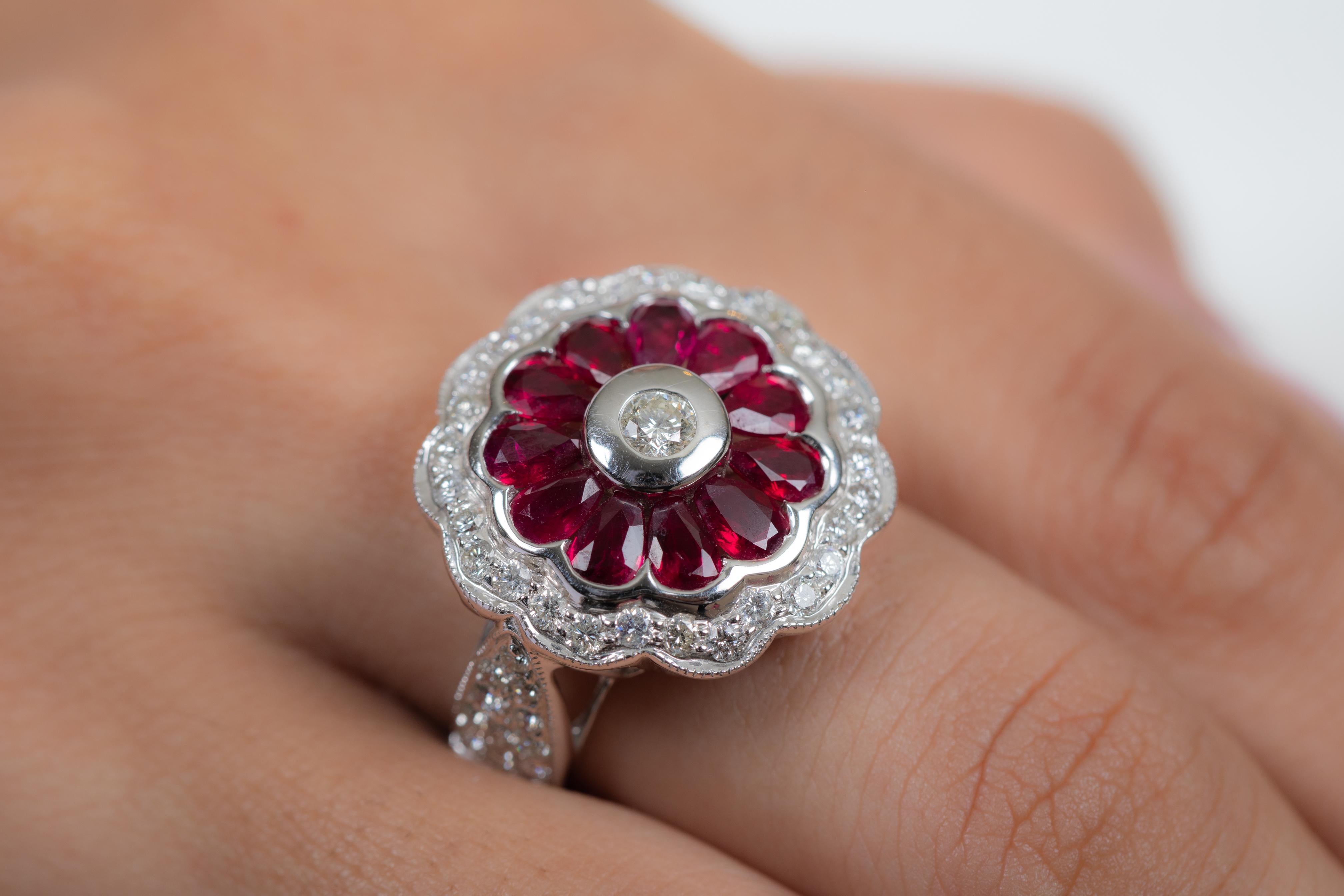 For Sale:  18K White Gold Designer Flower Ruby and Diamond Bridal Cocktail Ring 2