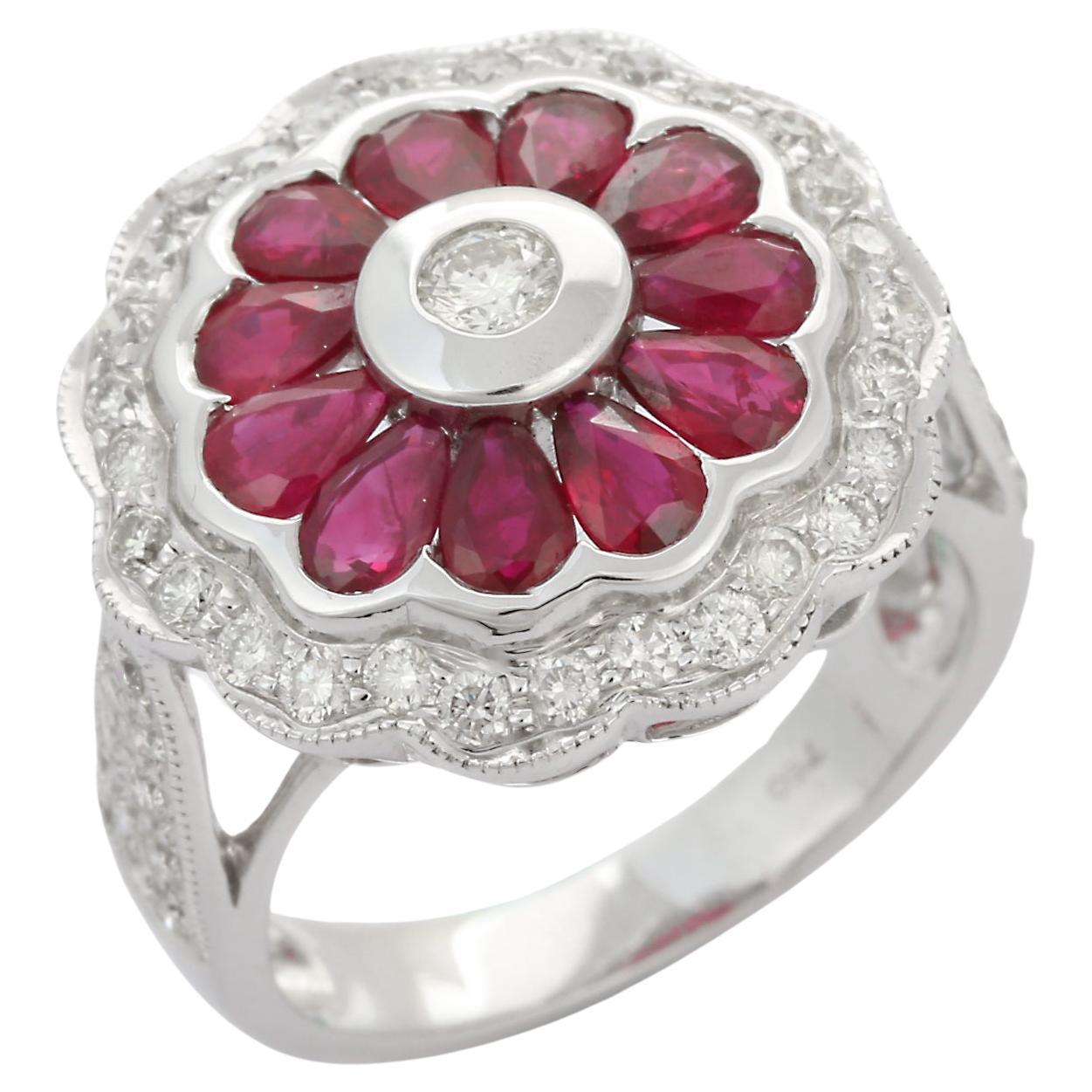 18K White Gold Designer Flower Ruby and Diamond Bridal Cocktail Ring  