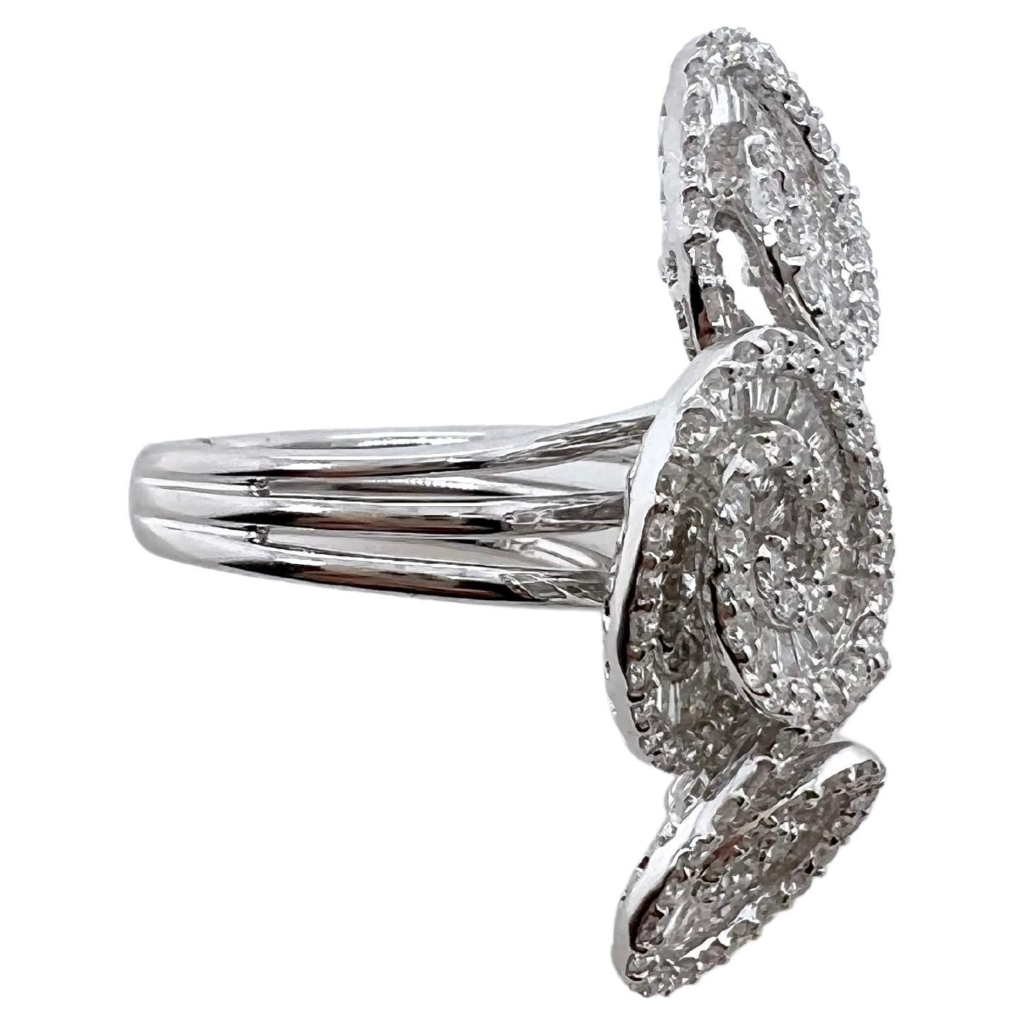 Baguette Cut 18k White Gold Designer Oval Flower Diamond Ring For Sale