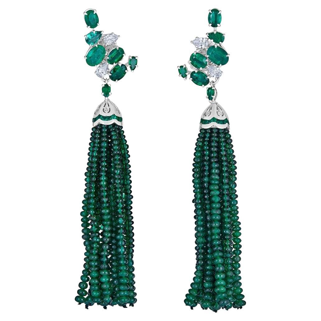 18k White Gold Detachable Emerald and Diamonds Tassel Earrings For Sale