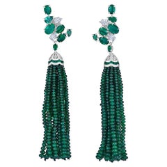 18k White Gold Detachable Emerald and Diamonds Tassel Earrings