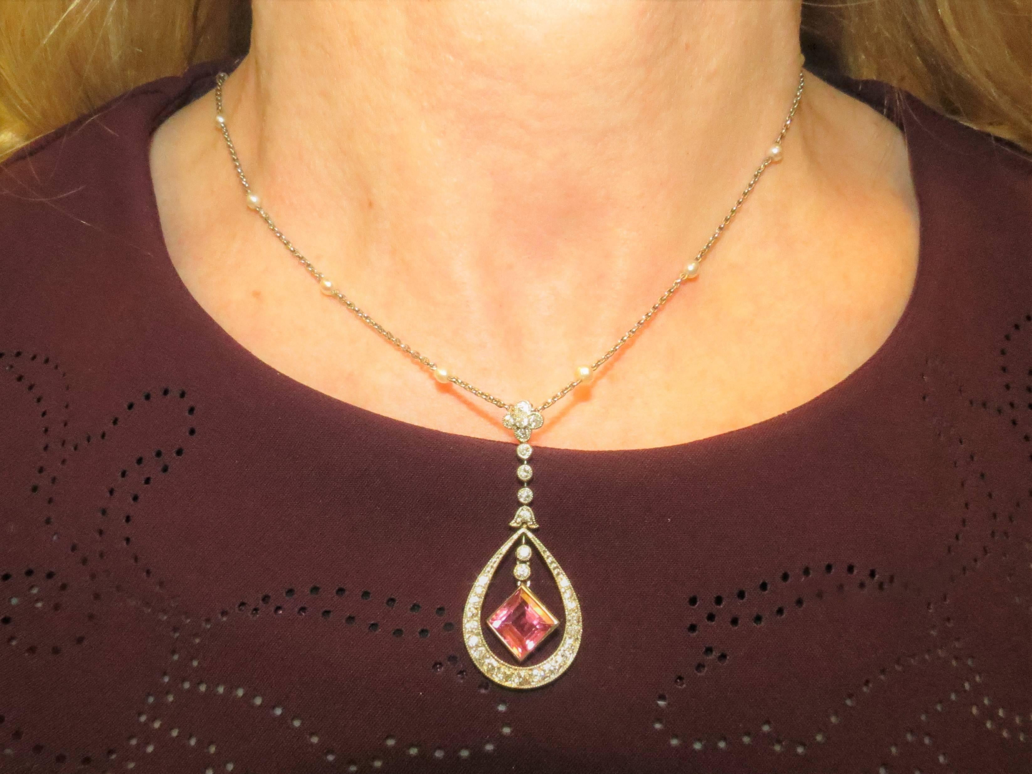 Old European Cut 18 Karat Gold Diamond and Pink Tourmaline Pendant Suspended from Pearl Chain