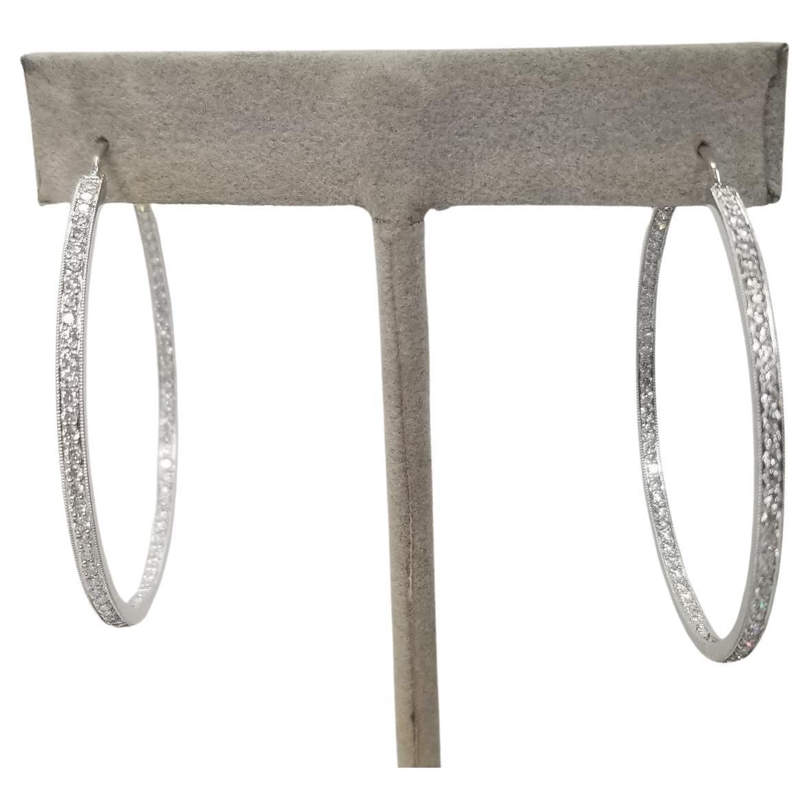 18k White Gold Diamond 1 3/4 " Hoop Earrings with 1.55cts. For Sale