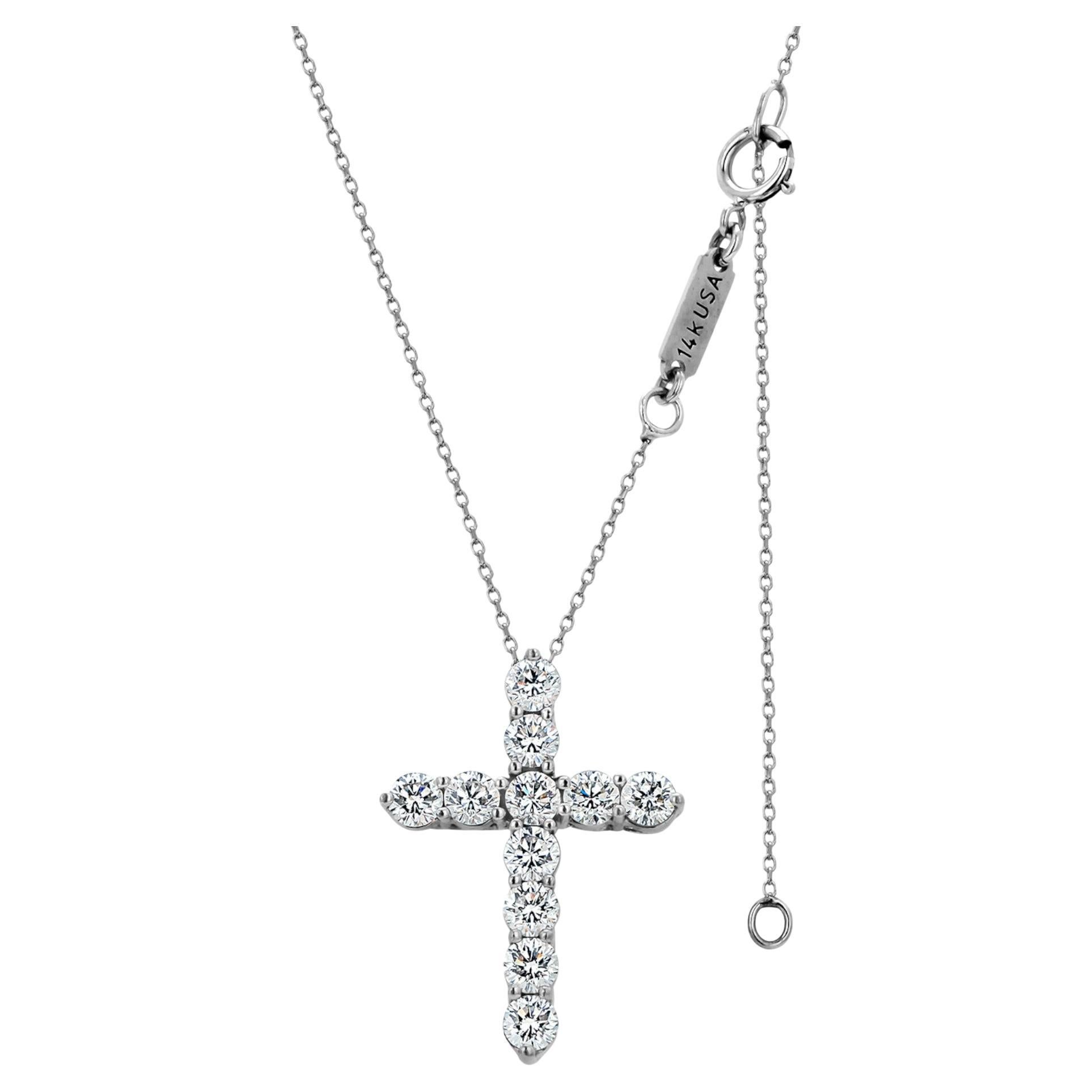Collier Croix en or blanc 18k avec pendentif diamant de 1,32 carat Chaîne de 18 pouces en vente
