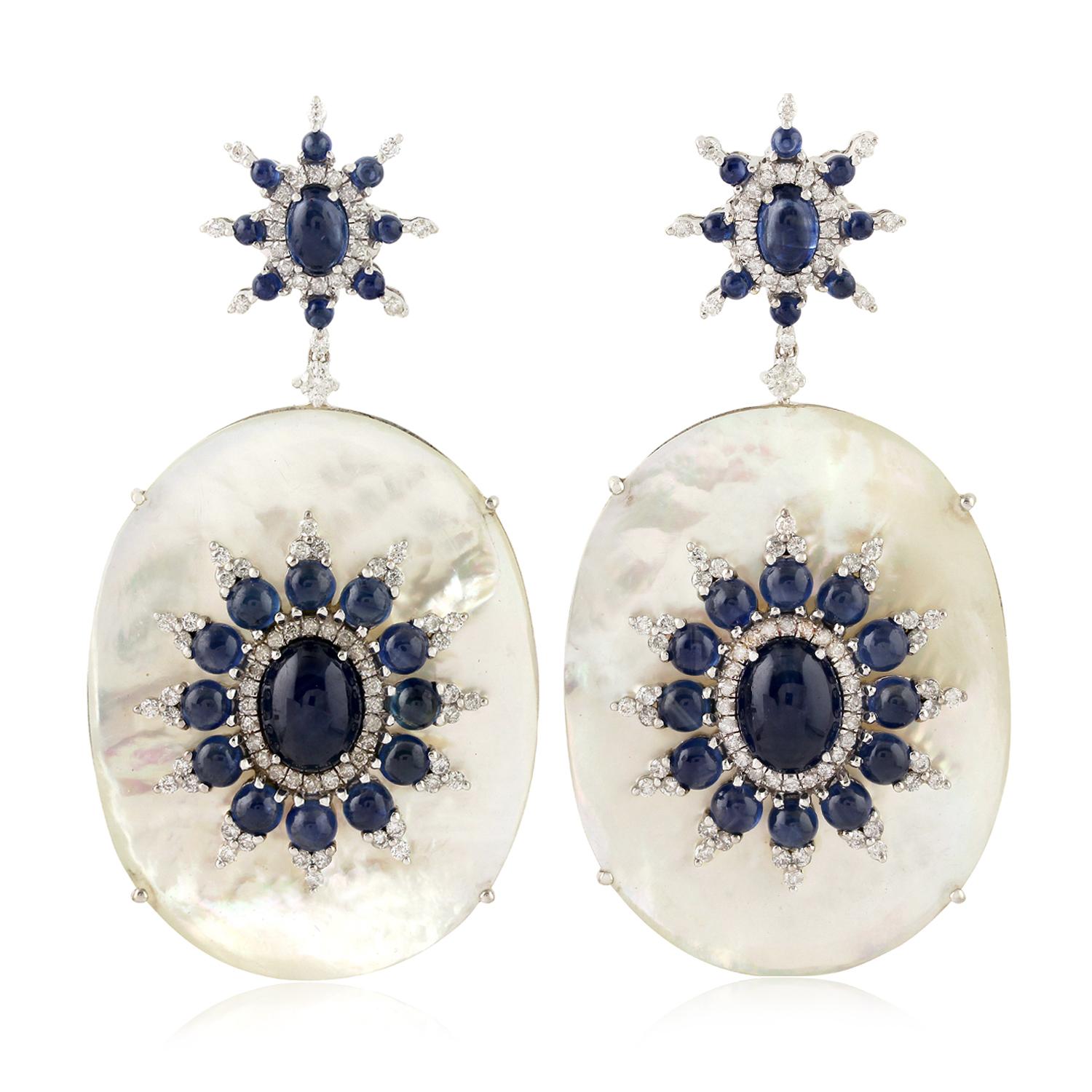 Contemporary 18k White Gold Diamond 13.92ct Sapphire 43.7ct Mother of Pearl Dangle Earrings