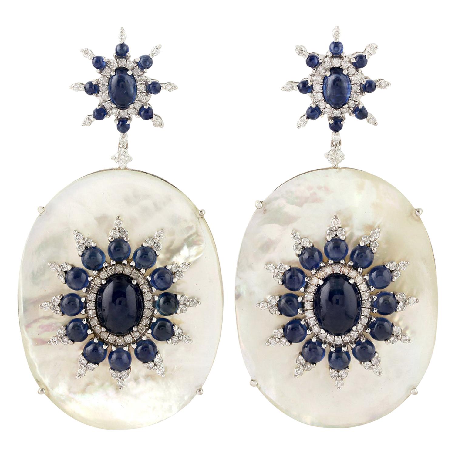 18k White Gold Diamond 13.92ct Sapphire 43.7ct Mother of Pearl Dangle Earrings