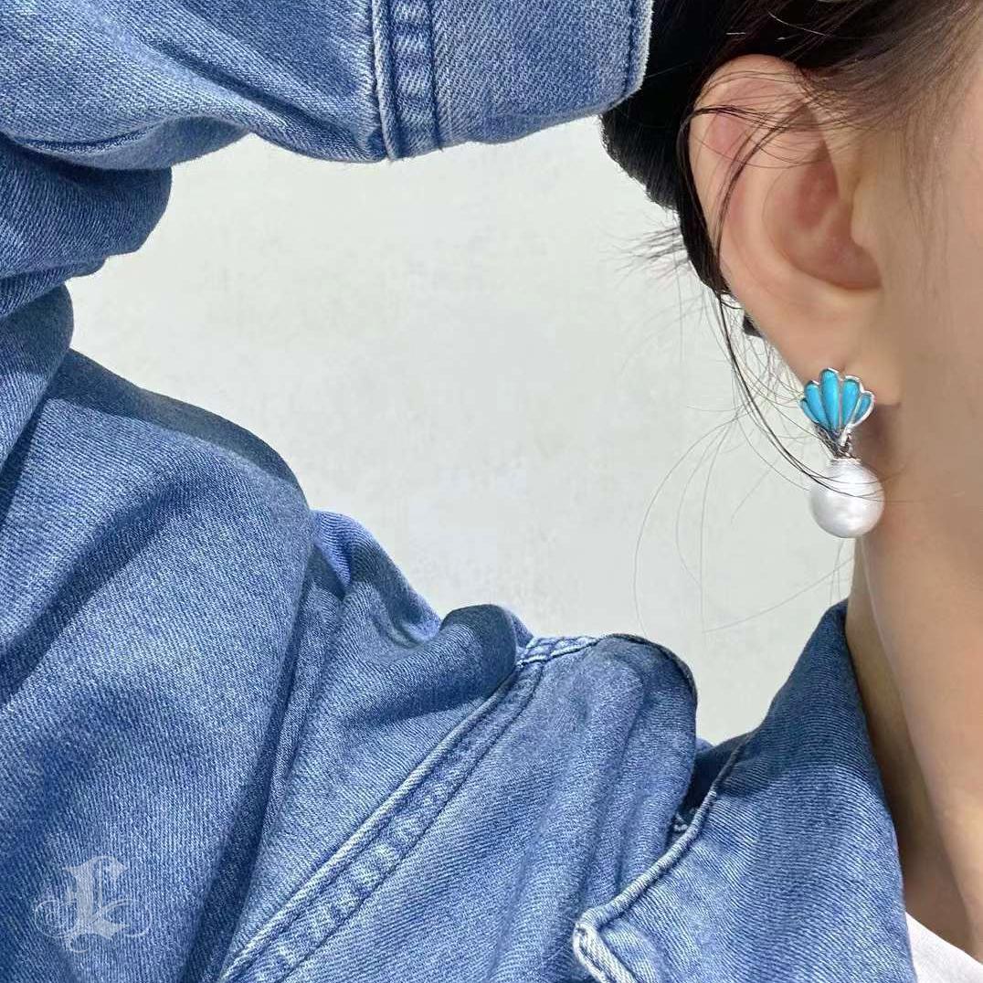 Uncut 【Caelmare】Shell Bloom Turquoise & Pearl Drop Earrings For Sale