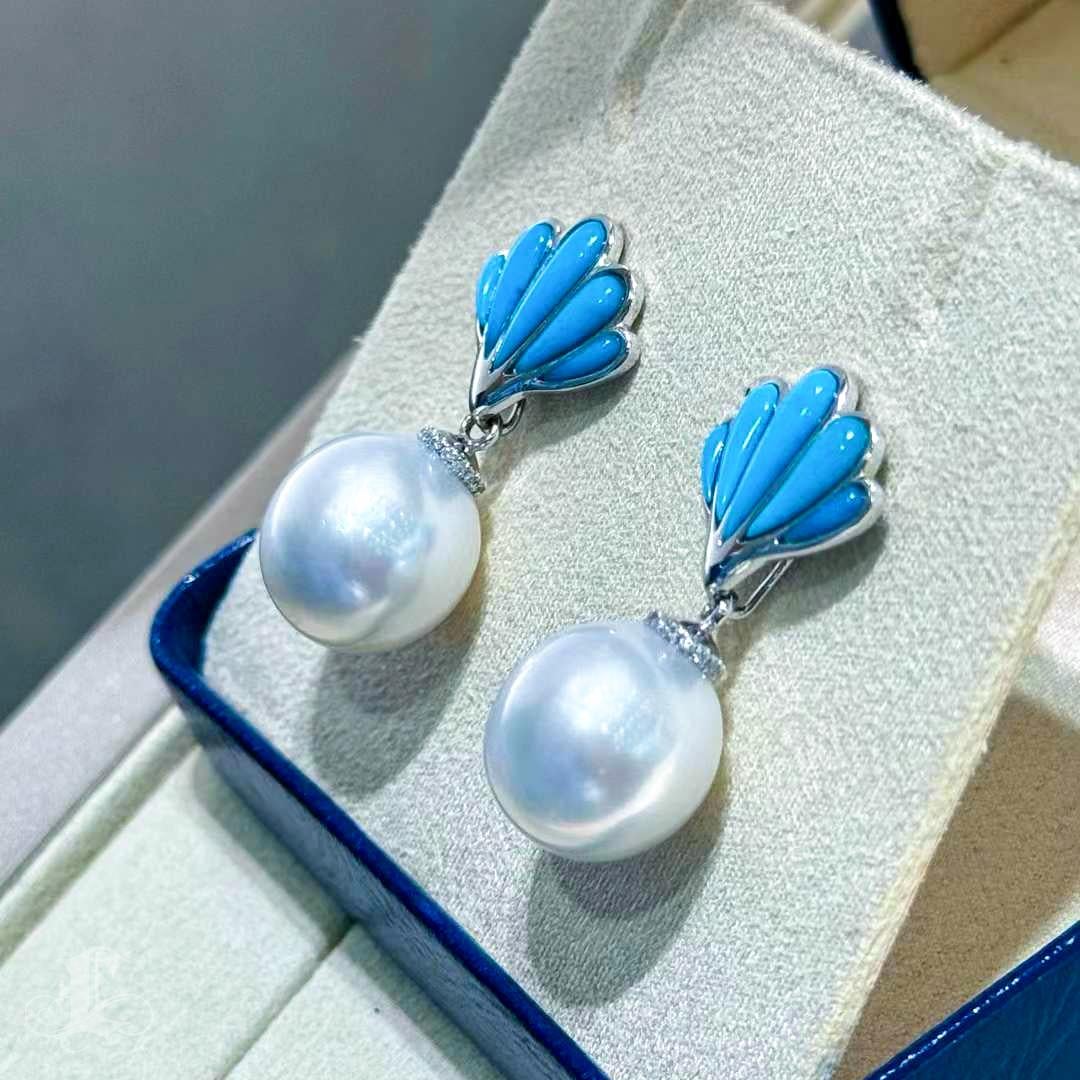 Women's 【Caelmare】Shell Bloom Turquoise & Pearl Drop Earrings For Sale