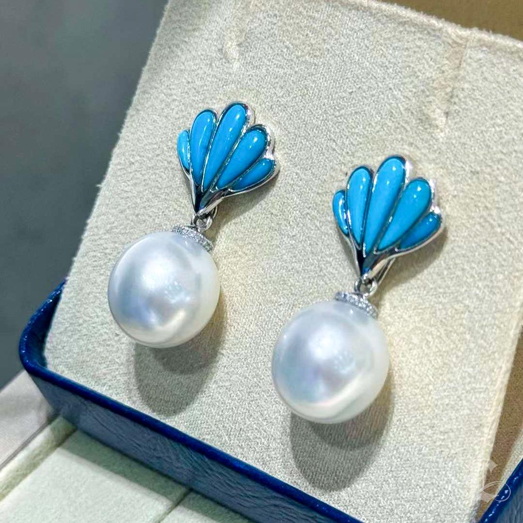 【Caelmare】Shell Bloom Turquoise & Pearl Drop Earrings For Sale 1