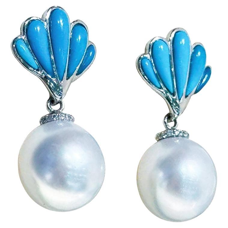 【Caelmare】Shell Bloom Turquoise & Pearl Drop Earrings For Sale