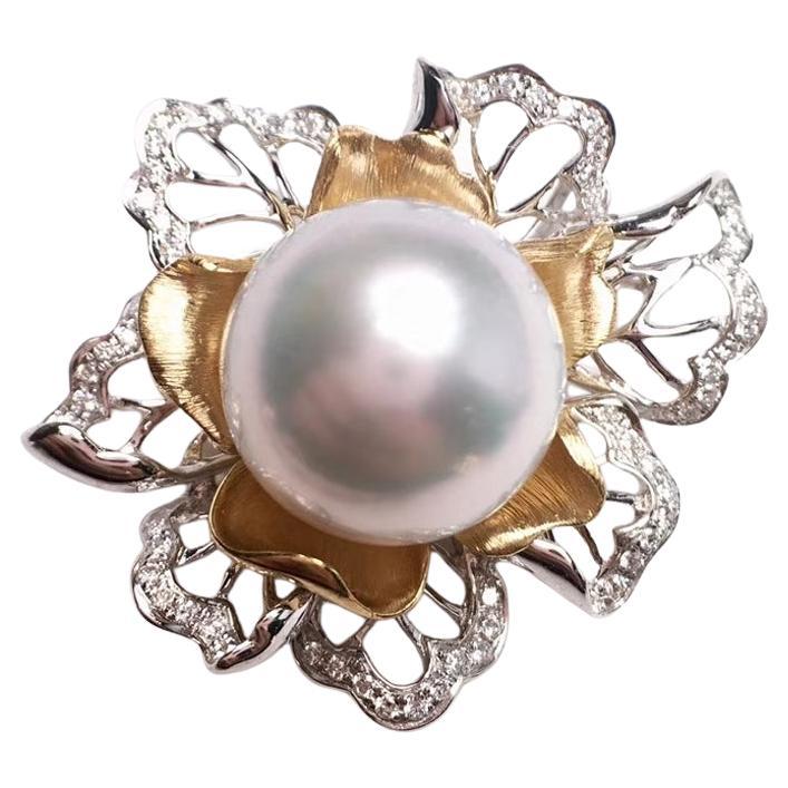 【Vine Symphony】Aurora South Sea Pearl Pendant in 18K White & Yellow Gold For Sale