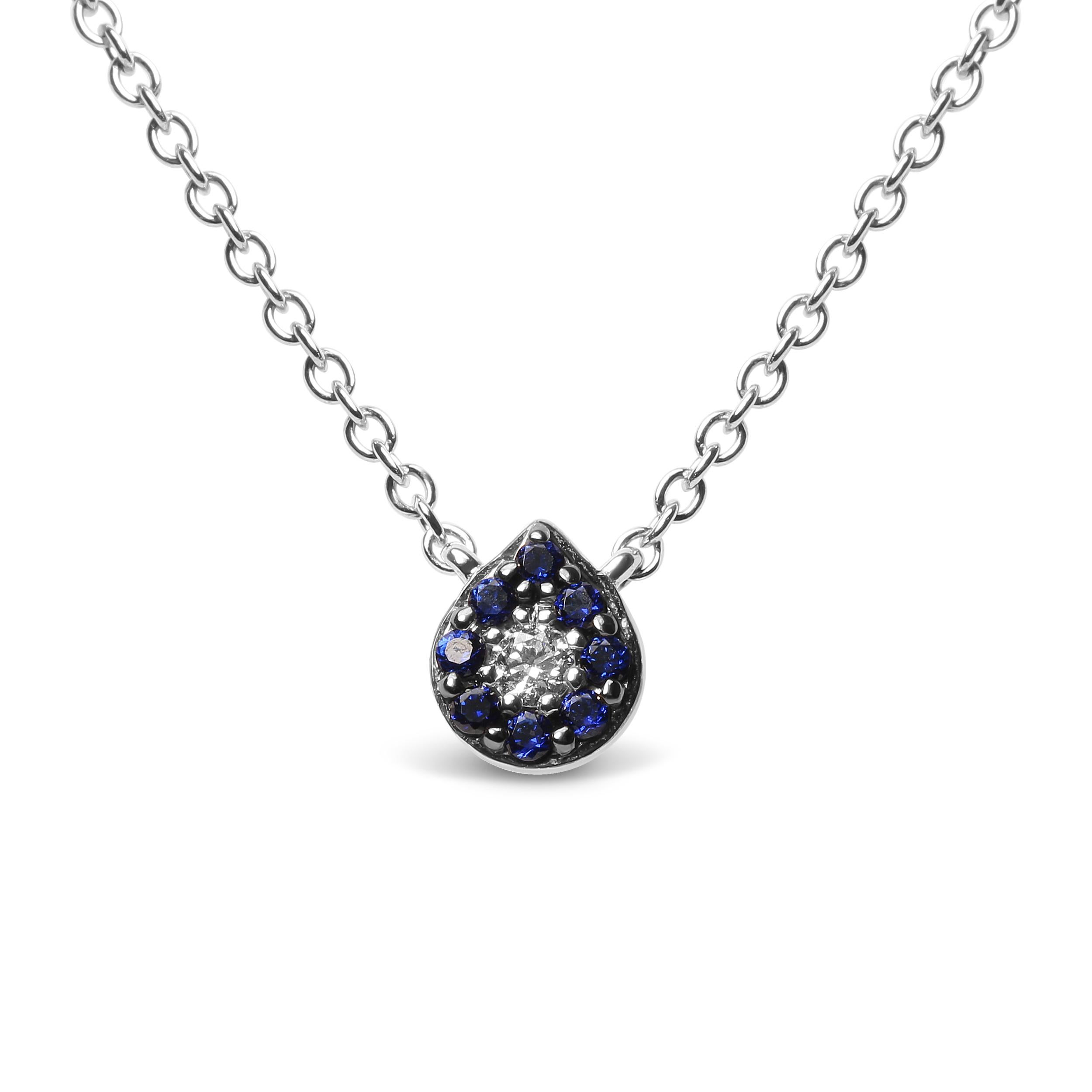 Contemporary 18K White Gold Diamond Accent & Blue Sapphire Gemstone Halo Pendant Necklace For Sale