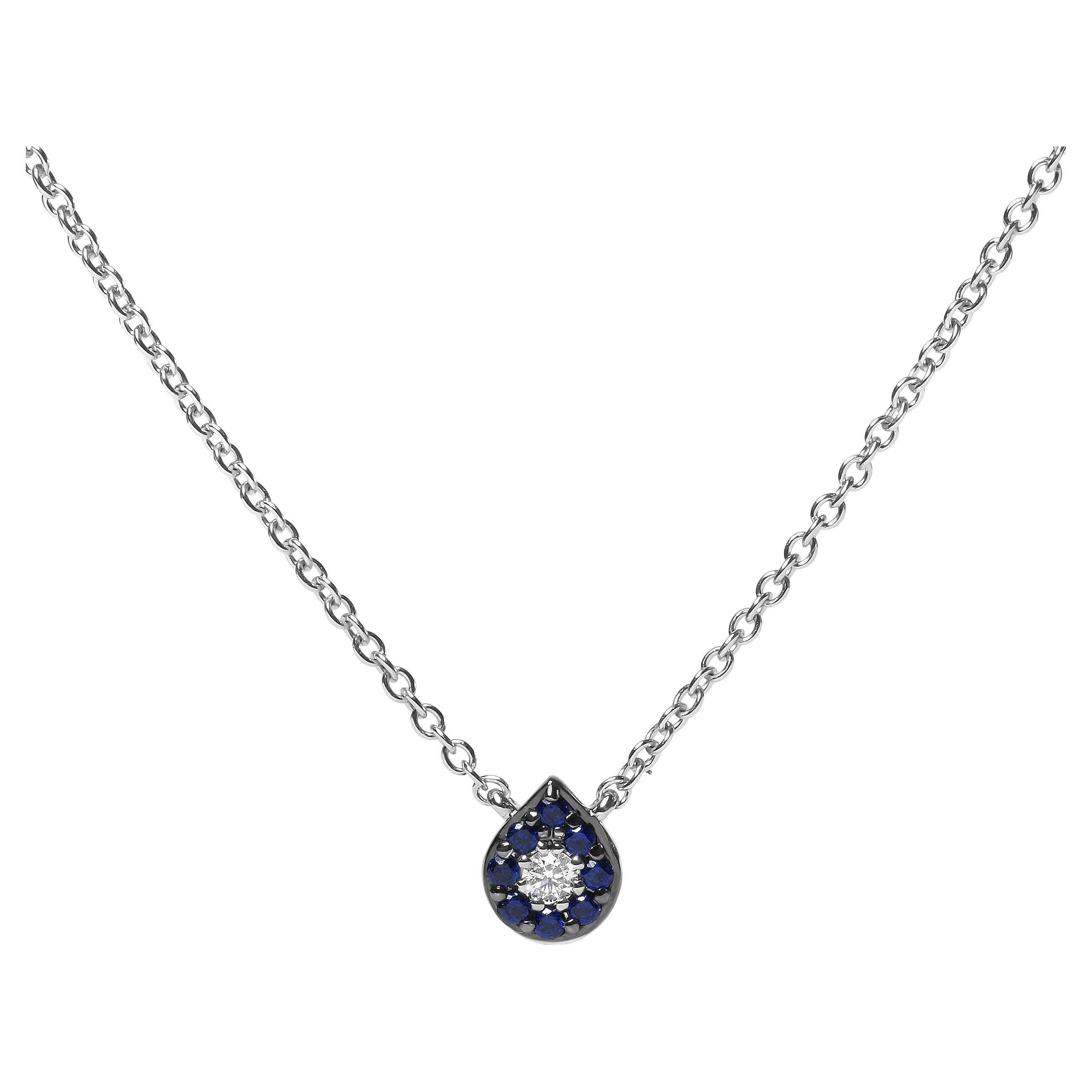 18K White Gold Diamond Accent & Blue Sapphire Gemstone Halo Pendant Necklace