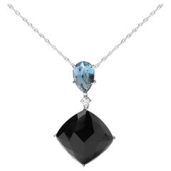18K White Gold Diamond Accent & London Blue Topaz & Black Onyx Pendant Necklace