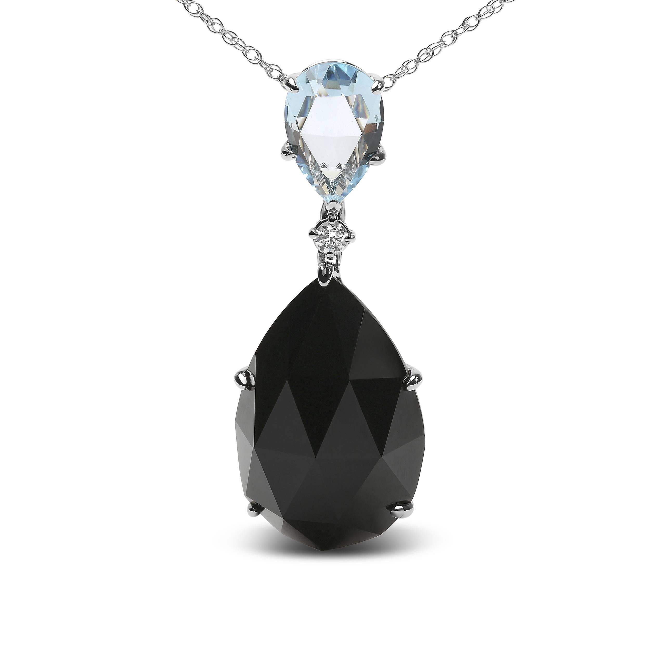 Natural gemstones and elegant aesthetic appeal make this 18k white gold pendant necklace an instant beauty. The centerpiece is an eye-catching 25x15mm pear cut black onyx in a 4-prong setting with a rich array of glorious facets. A 12x8mm pear cut