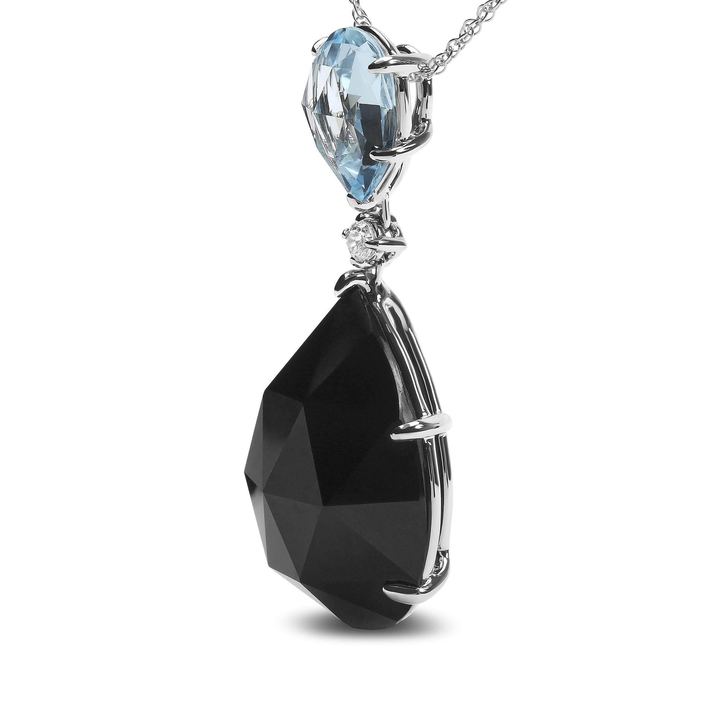 Contemporary 18K White Gold Diamond Accent & Sky Blue Topaz & Black Onyx Pendant Necklace For Sale