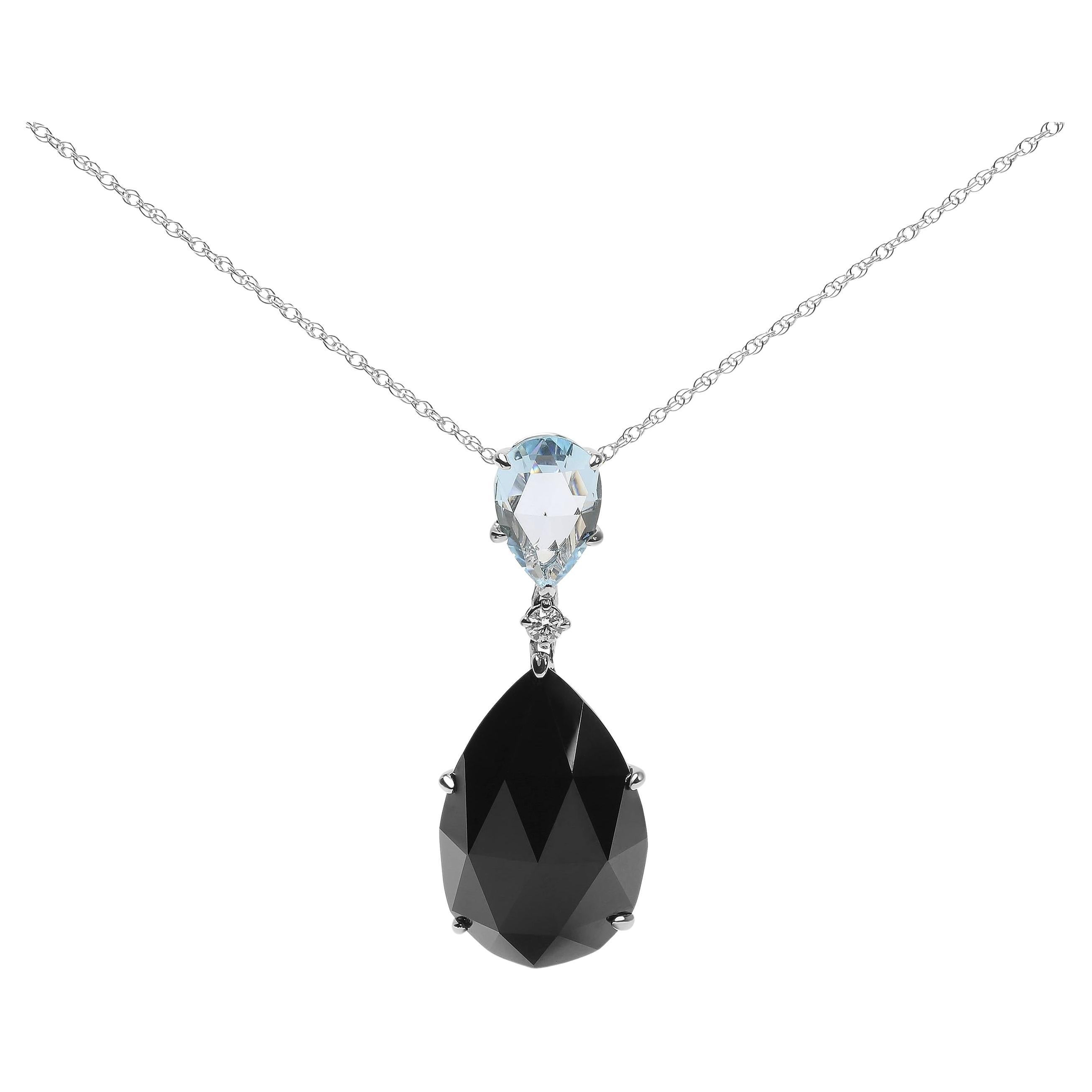 18K White Gold Diamond Accent & Sky Blue Topaz & Black Onyx Pendant Necklace For Sale