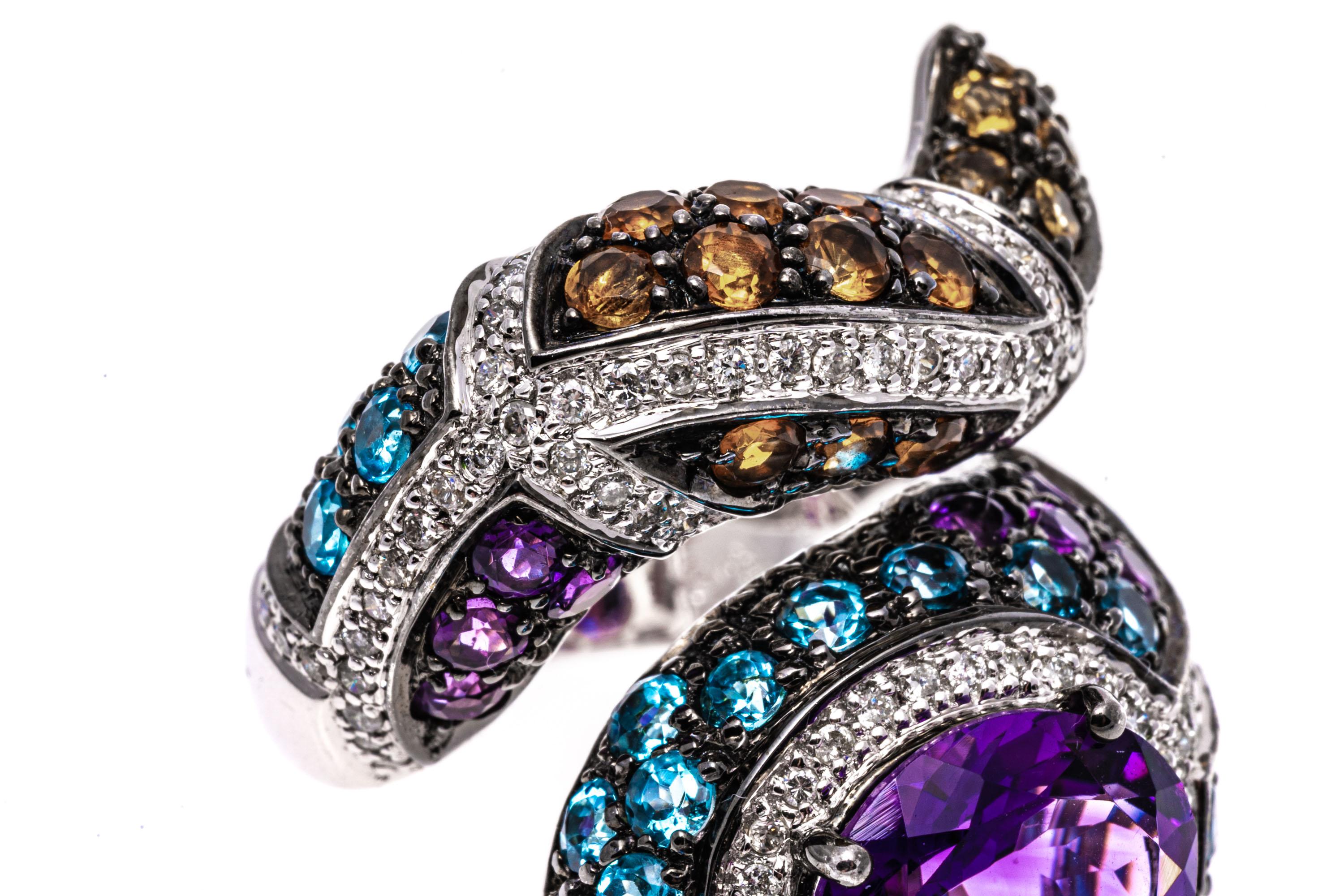 Round Cut 18k White Gold Diamond, Amethyst, Blue Topaz and Citrine Serpent Ring For Sale