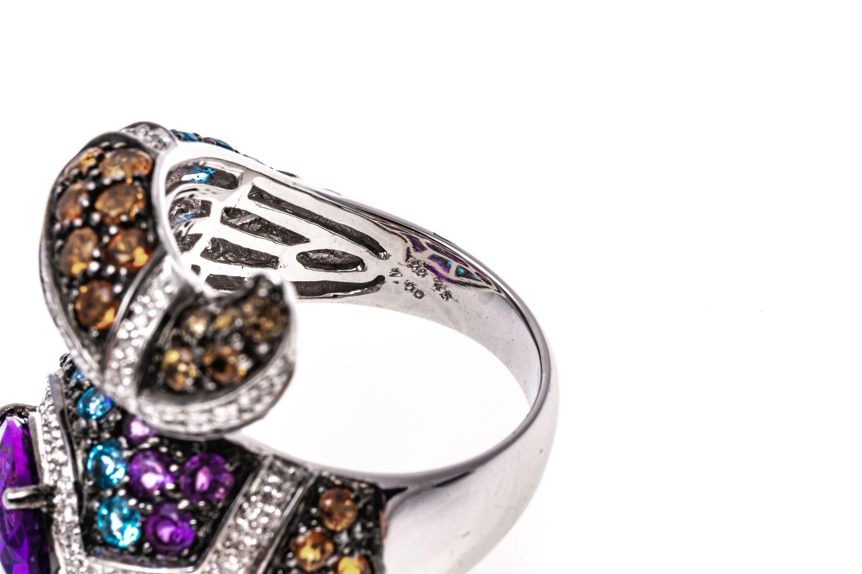 18k White Gold Diamond, Amethyst, Blue Topaz and Citrine Serpent Ring In Good Condition For Sale In Southport, CT