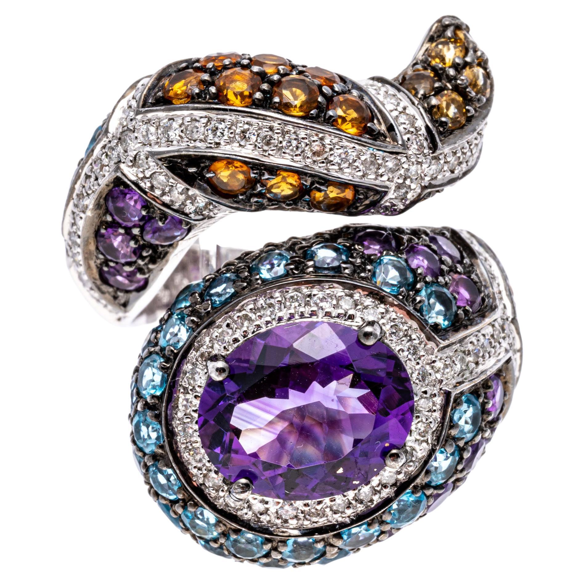 18k White Gold Diamond, Amethyst, Blue Topaz and Citrine Serpent Ring