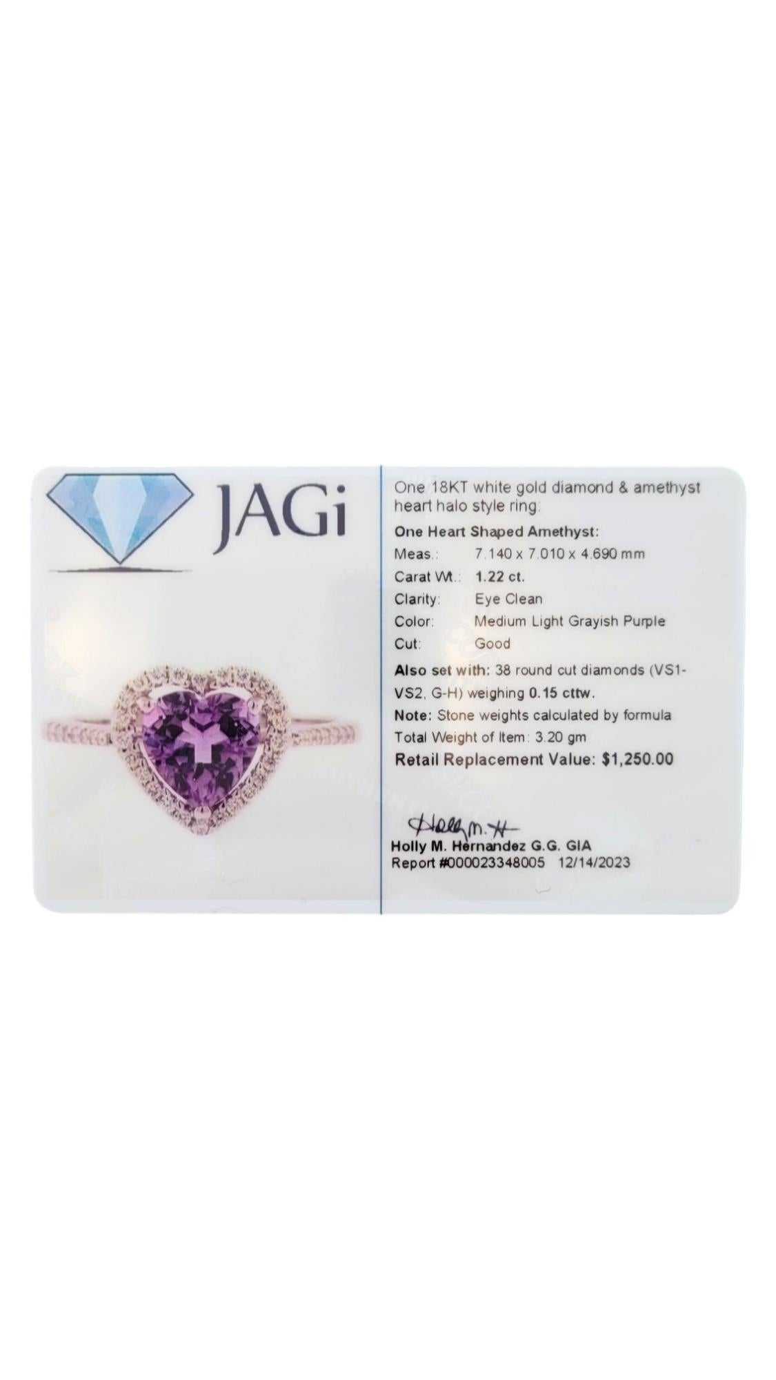 18K White Gold Diamond & Amethyst Heart Halo Ring Size 6.5 #16289 For Sale 3