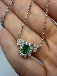 18K White Gold Diamond and .26 Carat Emerald Cluster Pendant Necklace