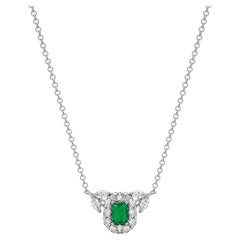 18K White Gold Diamond and .26 Carat Emerald Cluster Pendant Necklace
