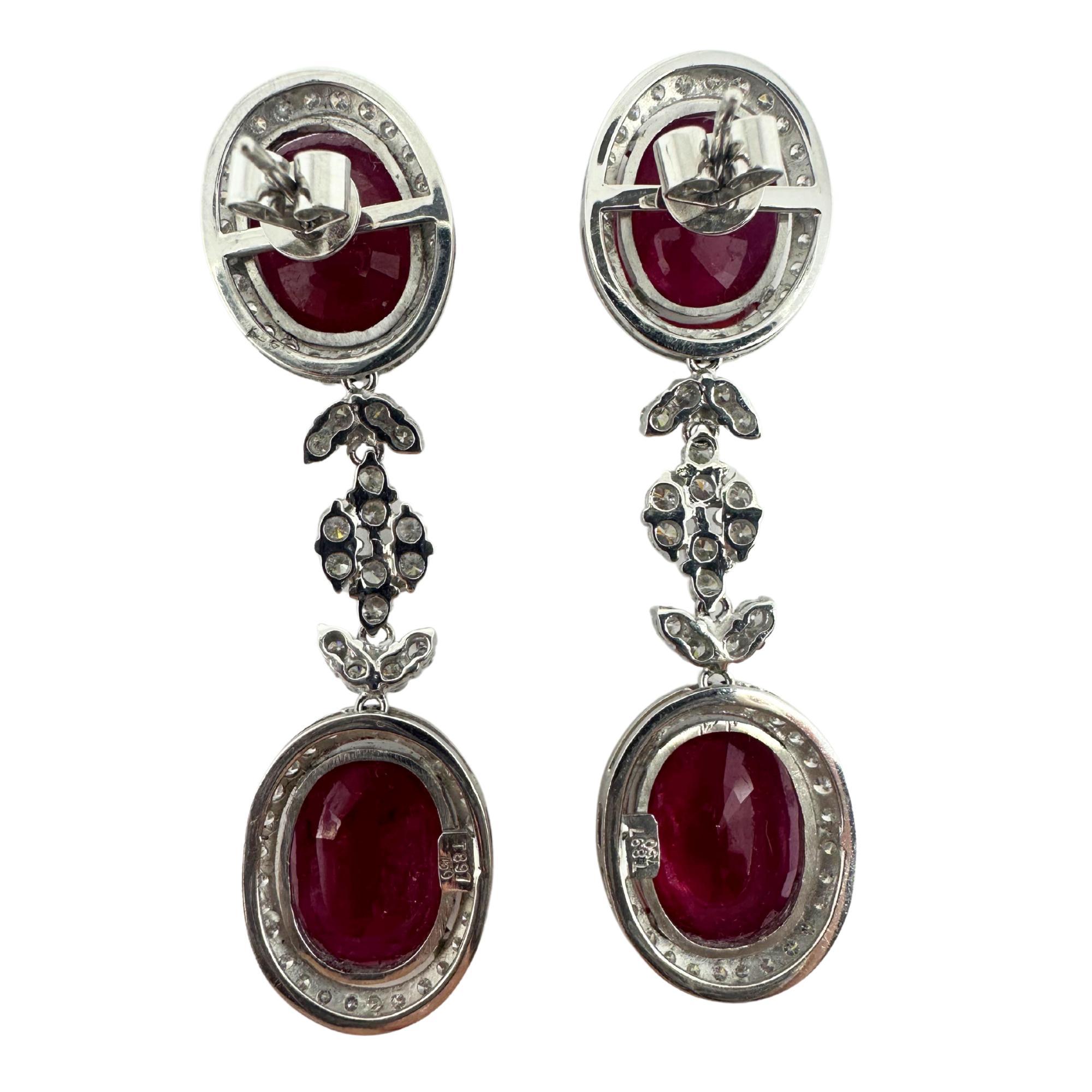 Oval Cut 18K White Gold Diamond and African Ruby Drop Earrings For Sale