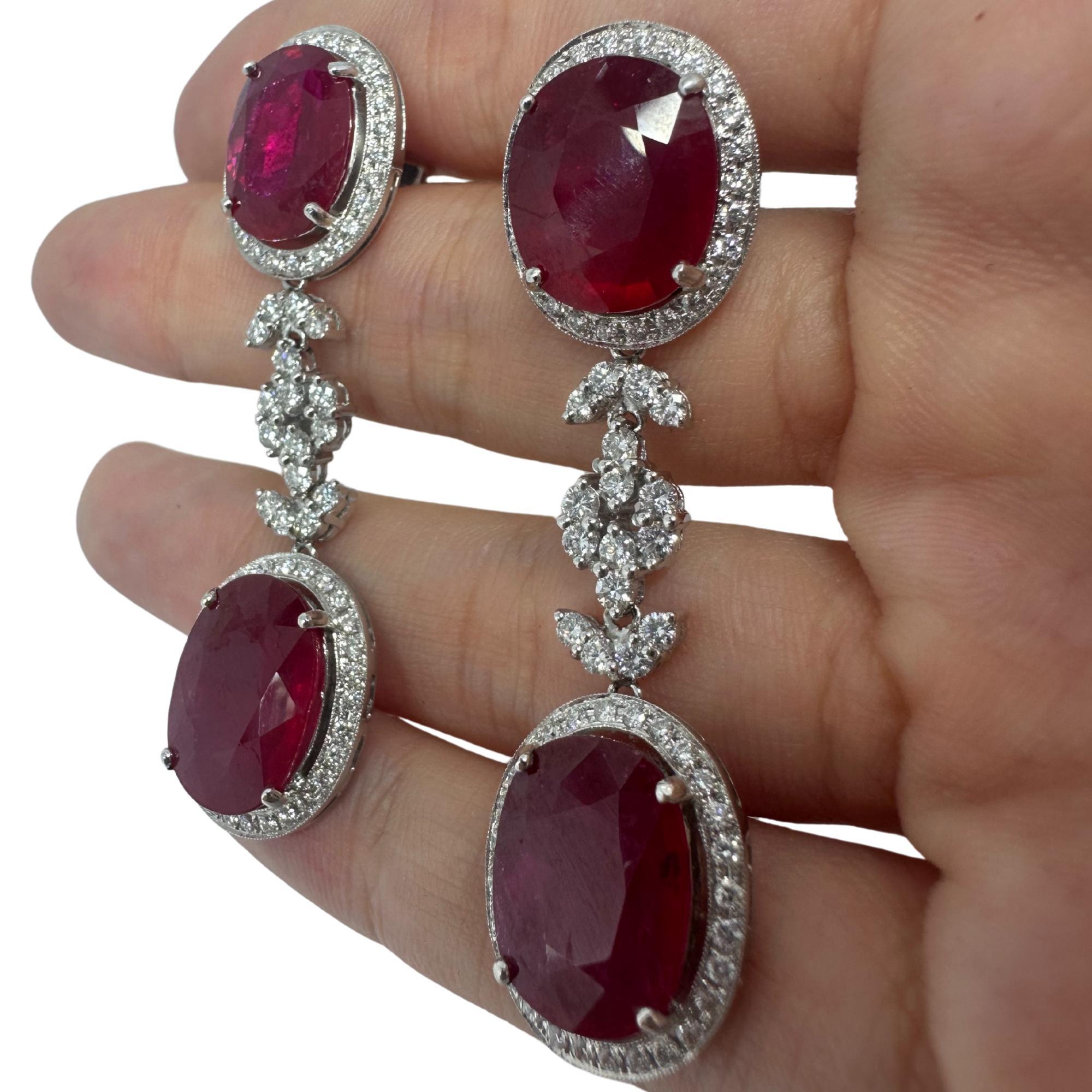 Women's 18K White Gold Diamond and African Ruby Drop Earrings For Sale