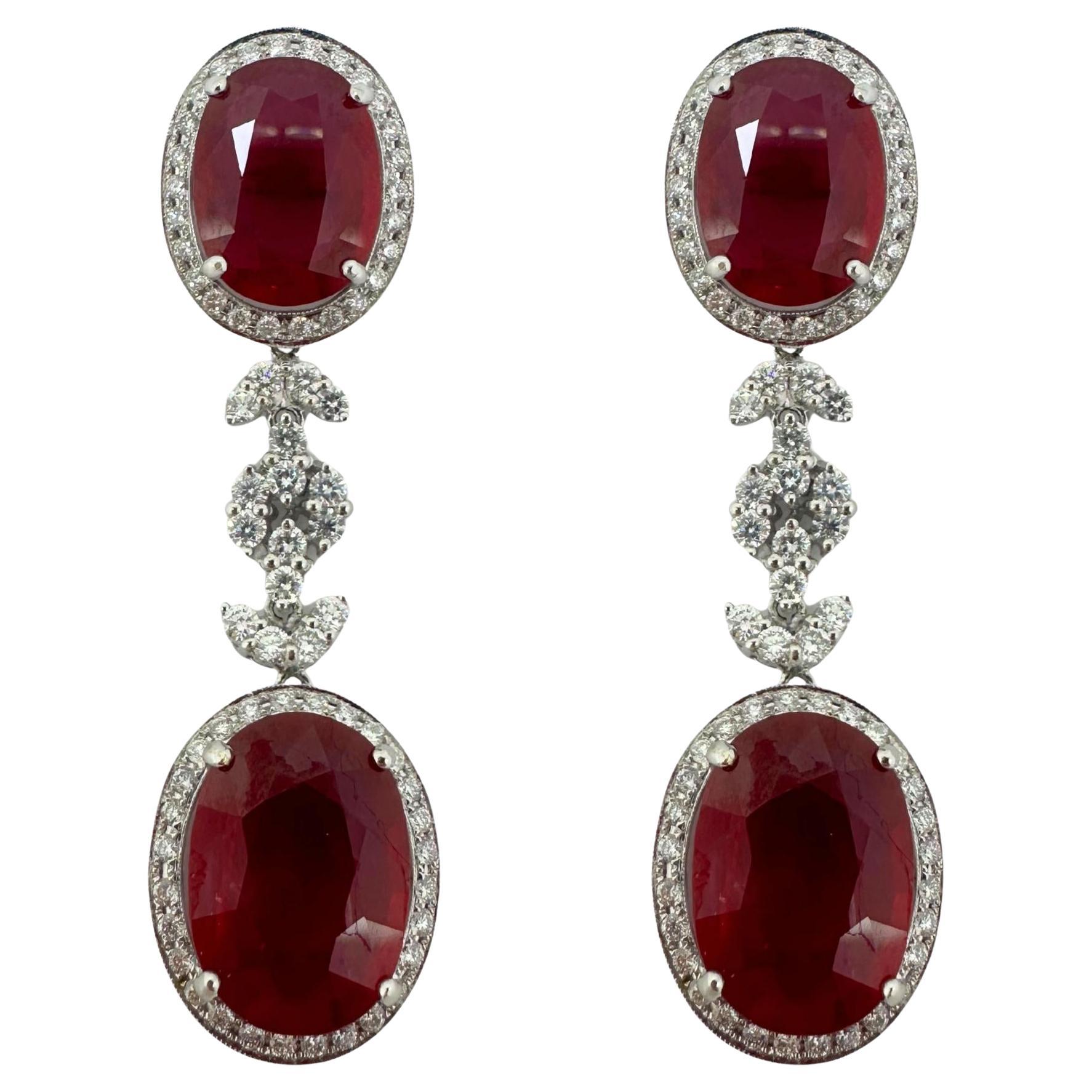 18K White Gold Diamond and African Ruby Drop Earrings