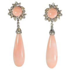18K White Gold, Diamond and Angel Skin Coral Pendant Style Earrings