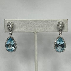 18K White Gold Diamond and Aquamarine Pear Shaped Dangle Earrings