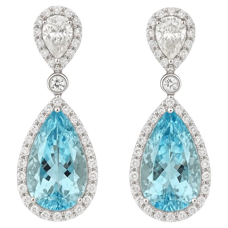 18K White Gold Diamond and Aquamarine Pear Shaped Dangle Earrings