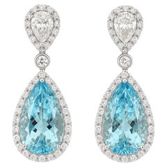 18K White Gold Diamond and Aquamarine Pear Shaped Dangle Earrings