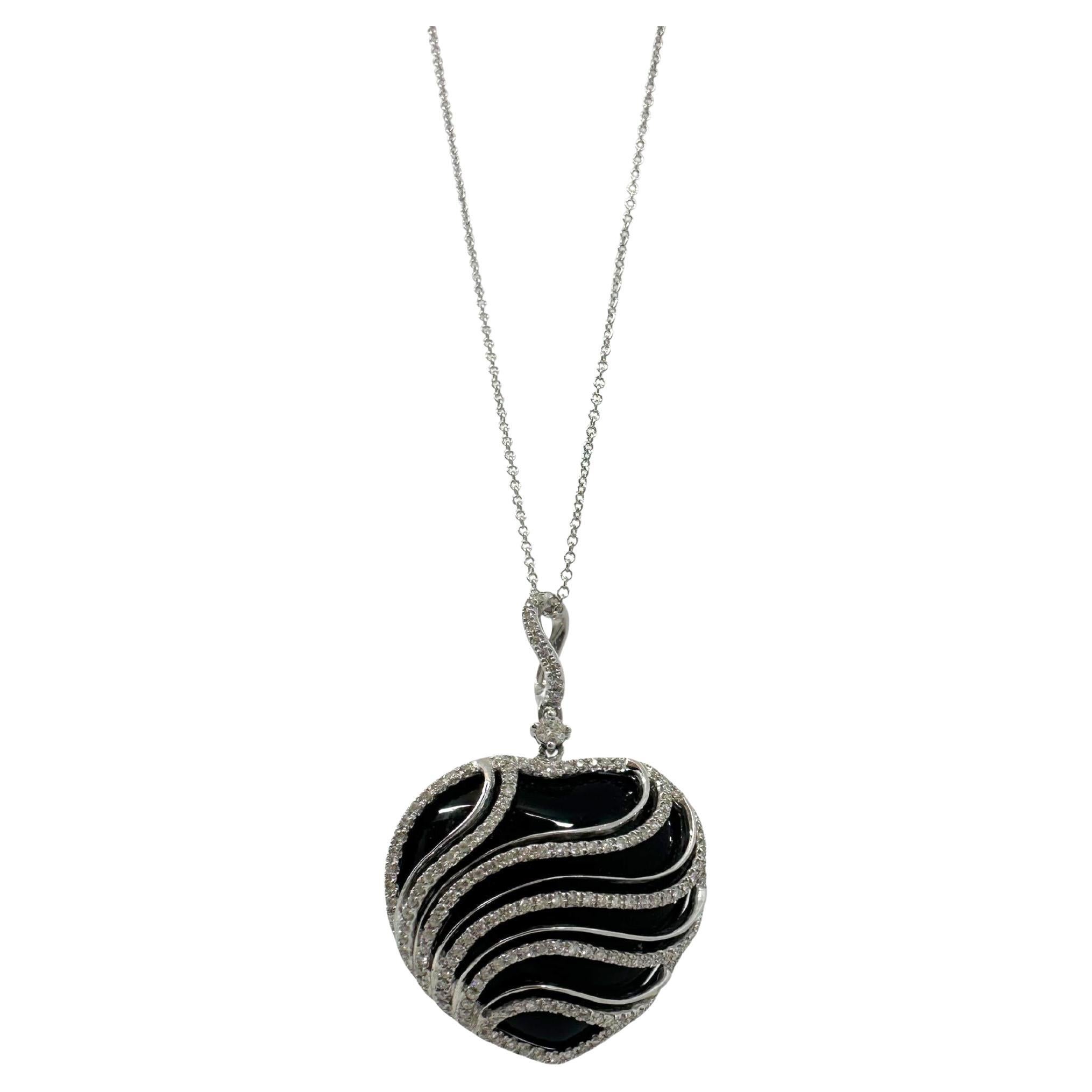 18K White Gold Diamond and Black Onyx Pendant Necklace