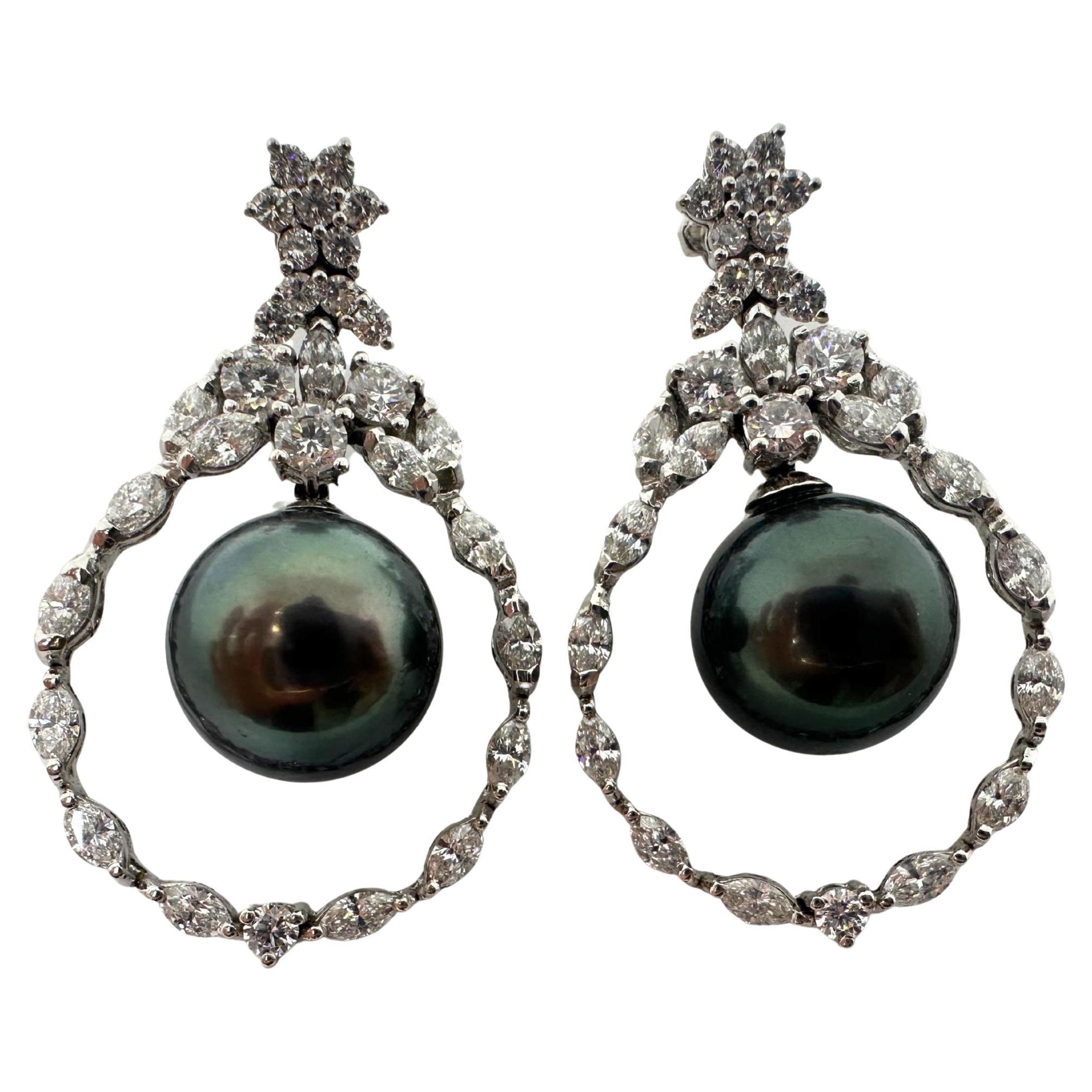 18K White Gold Diamond and Black Pearl Drop Earrings