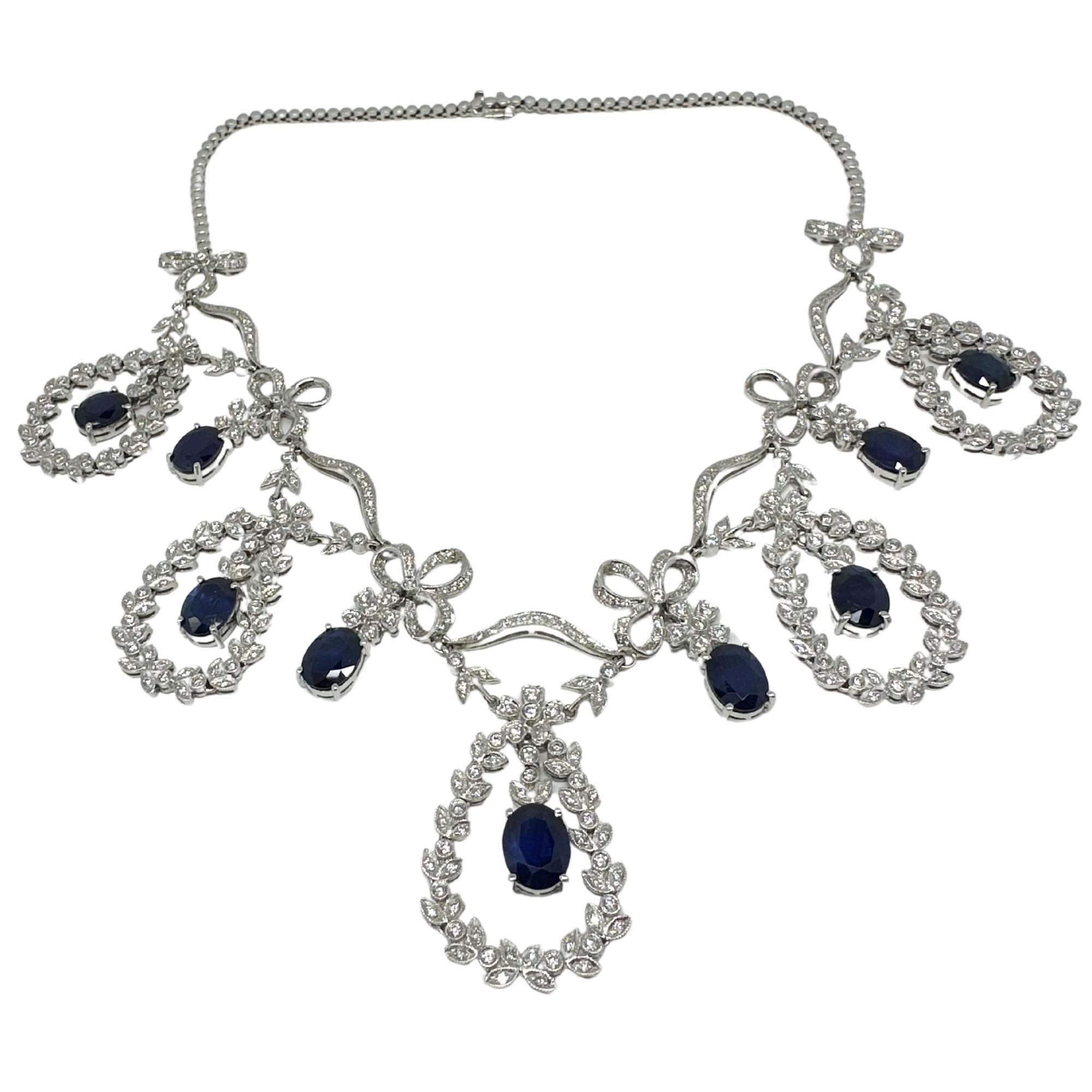 18K White Gold Diamond and Blue Sapphire Necklace
Condition: In good condition with some minor surface wear consistent with age.
Length: 15.50 inches, 1.25 inch drop
Markings: 