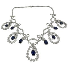 18K White Gold Diamond and Blue Sapphire Necklace