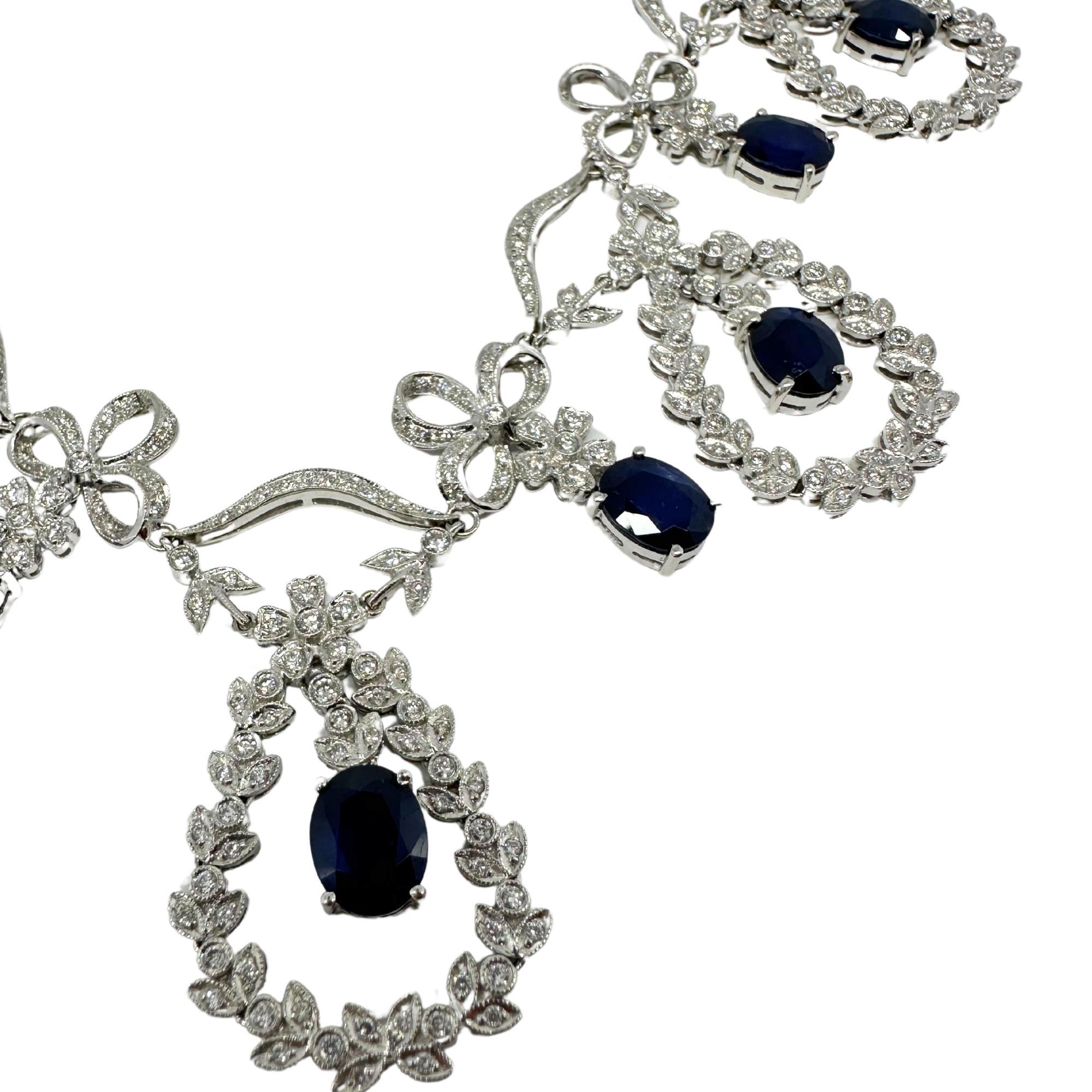 Oval Cut 18K White Gold Diamond and Blue Sapphire Necklace For Sale