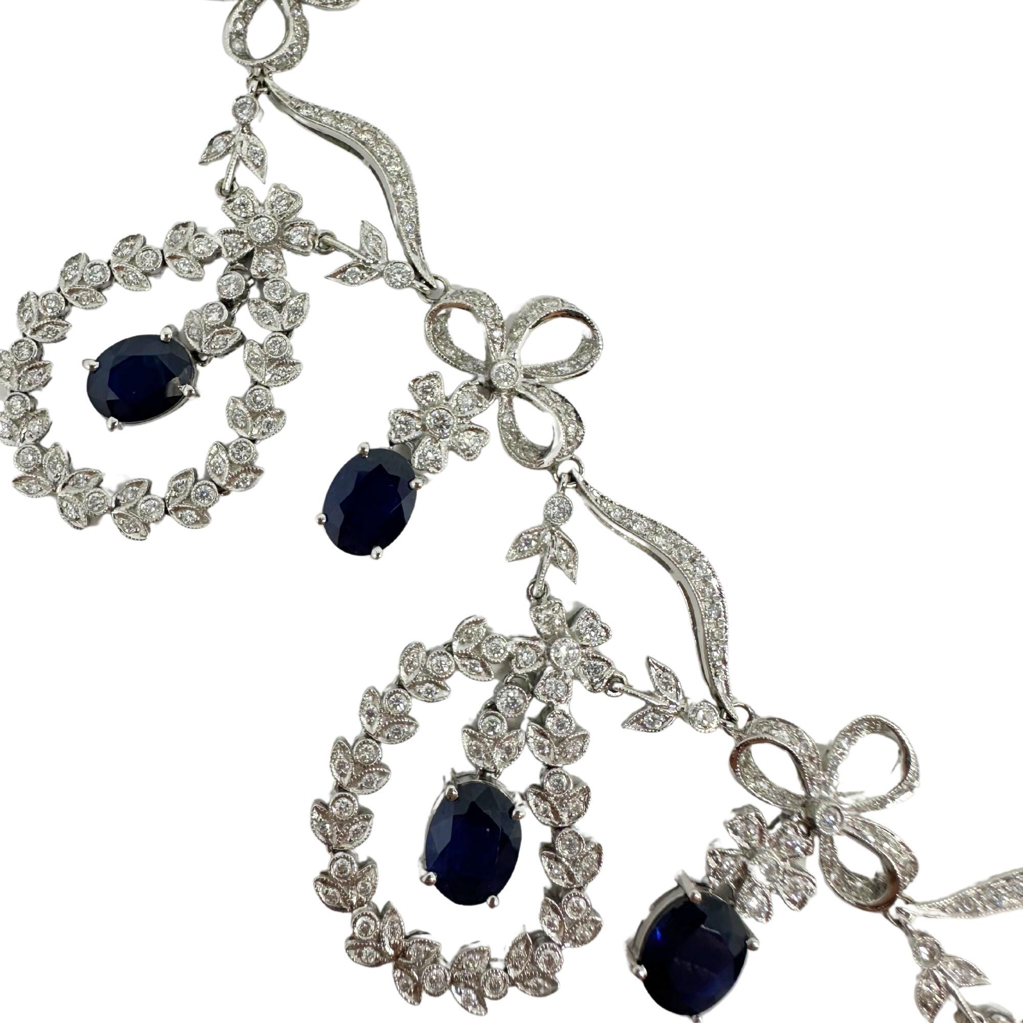 18K White Gold Diamond and Blue Sapphire Necklace In Good Condition For Sale In New York, NY