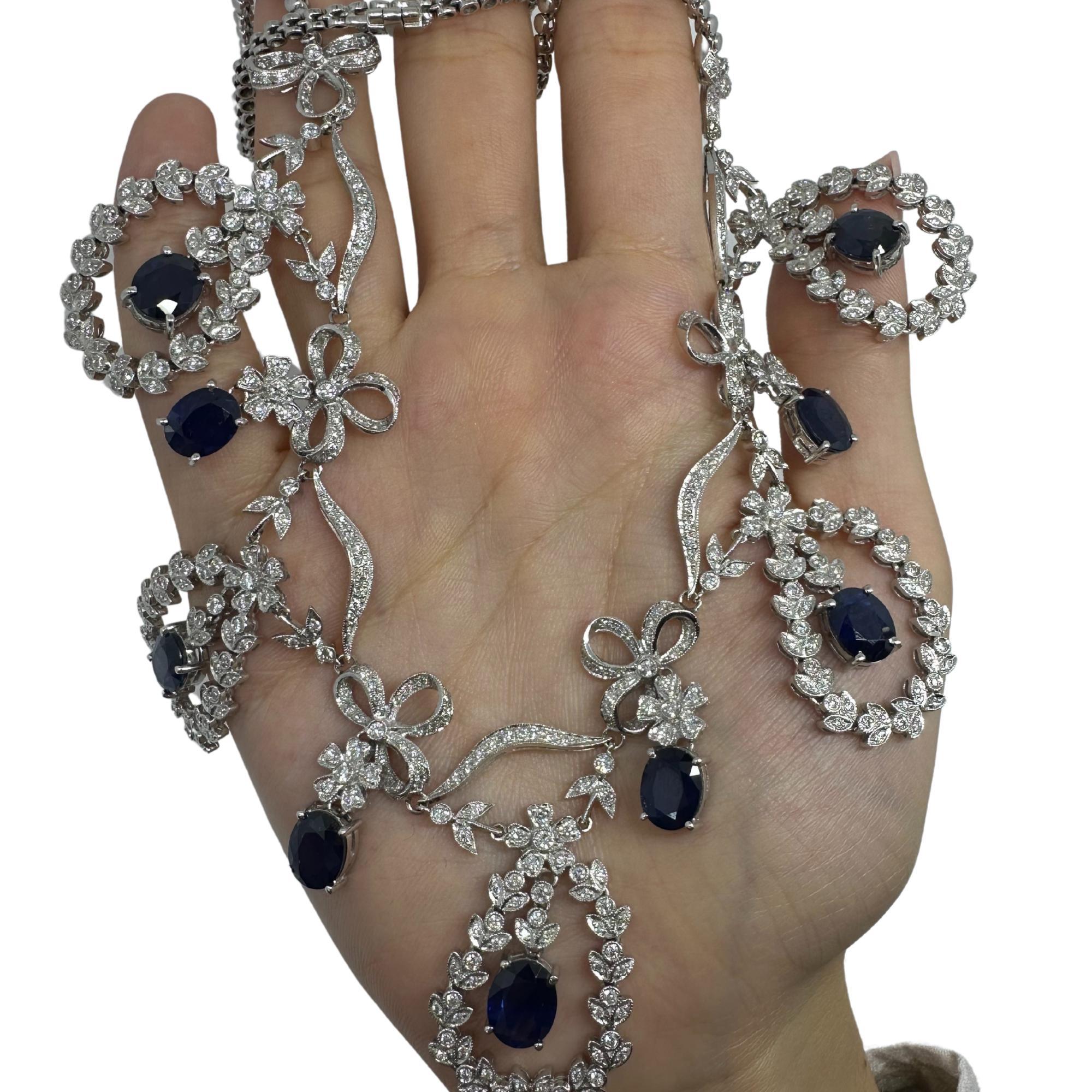 18K White Gold Diamond and Blue Sapphire Necklace For Sale 2