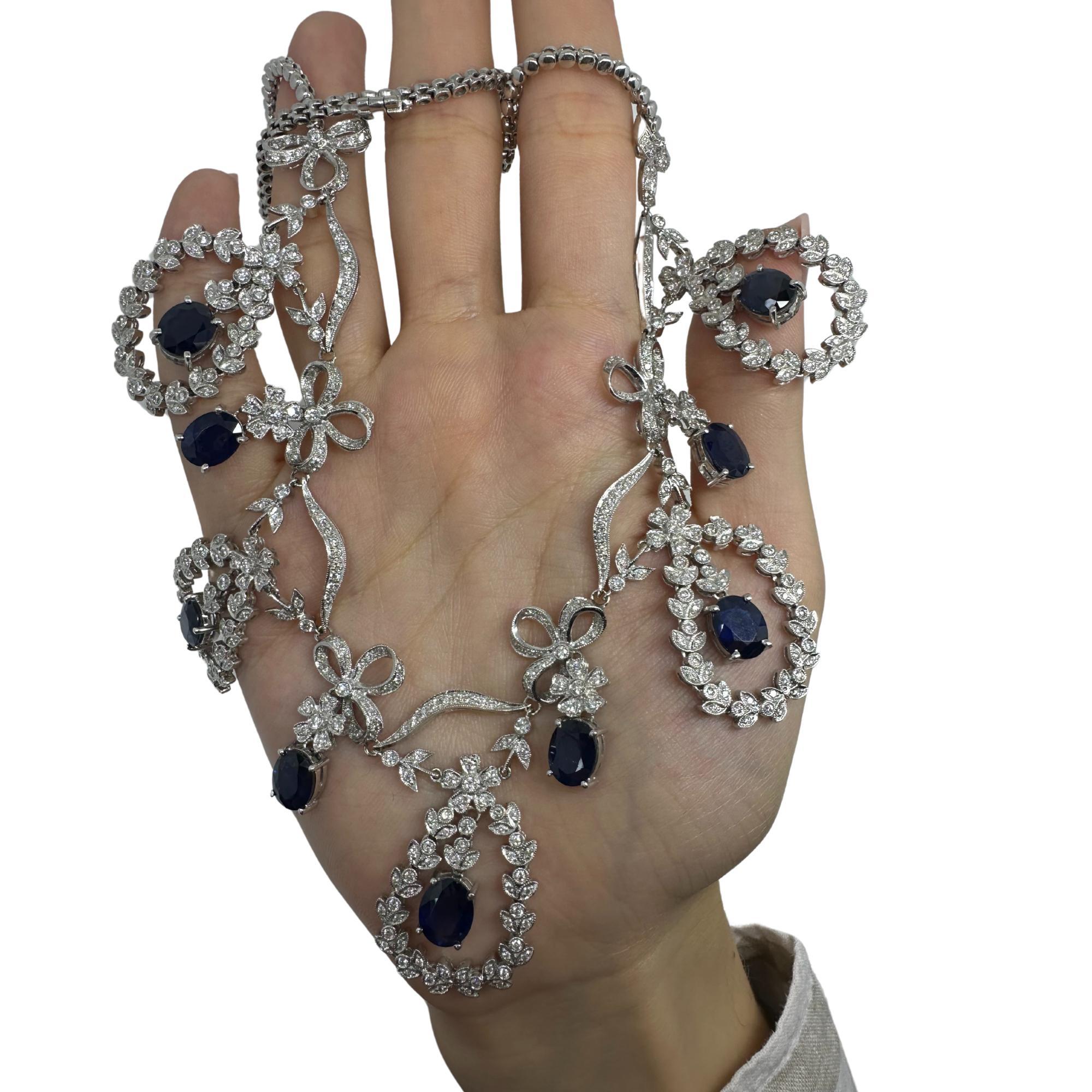 18K White Gold Diamond and Blue Sapphire Necklace For Sale 3