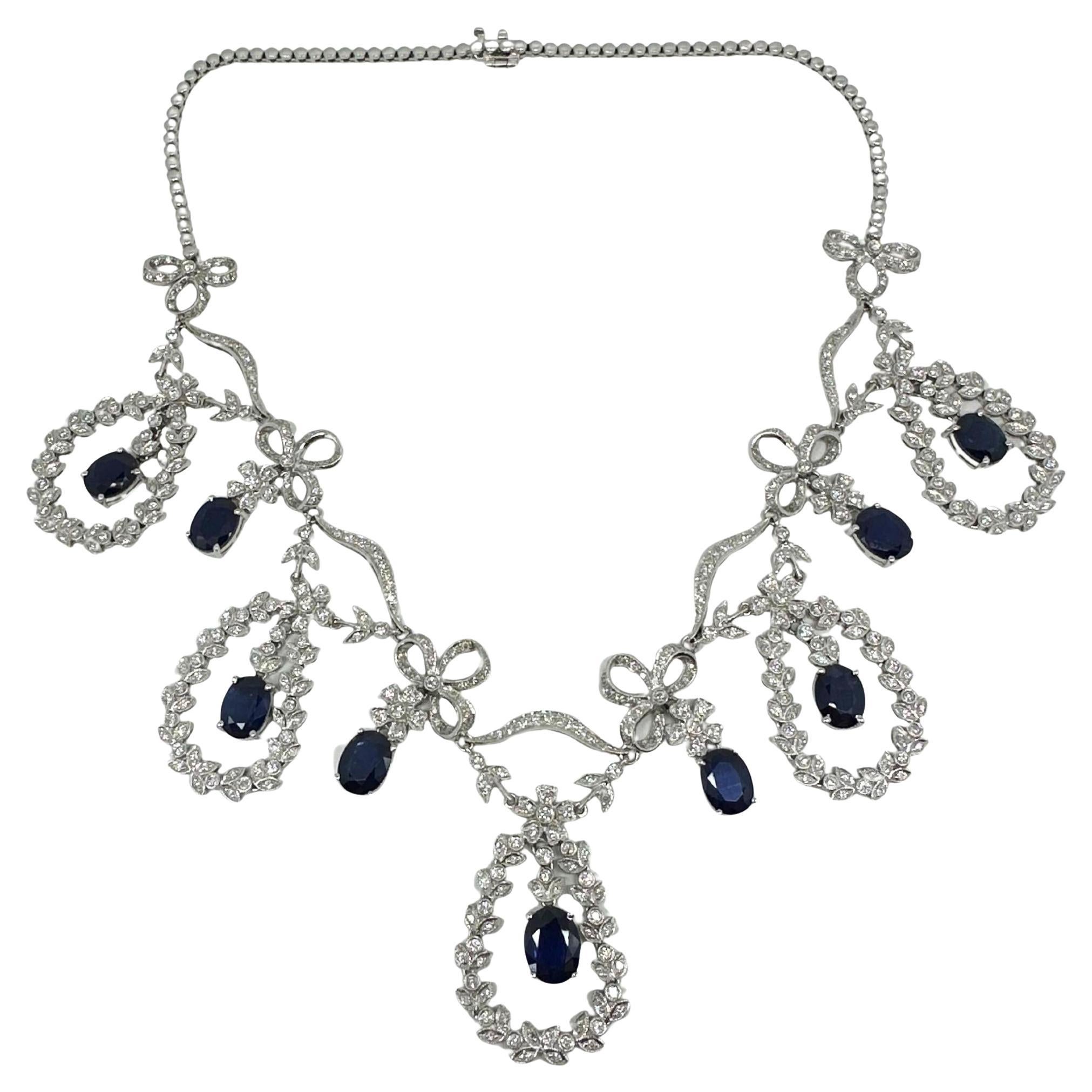 18K White Gold Diamond and Blue Sapphire Necklace