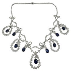 18K White Gold Diamond and Blue Sapphire Necklace