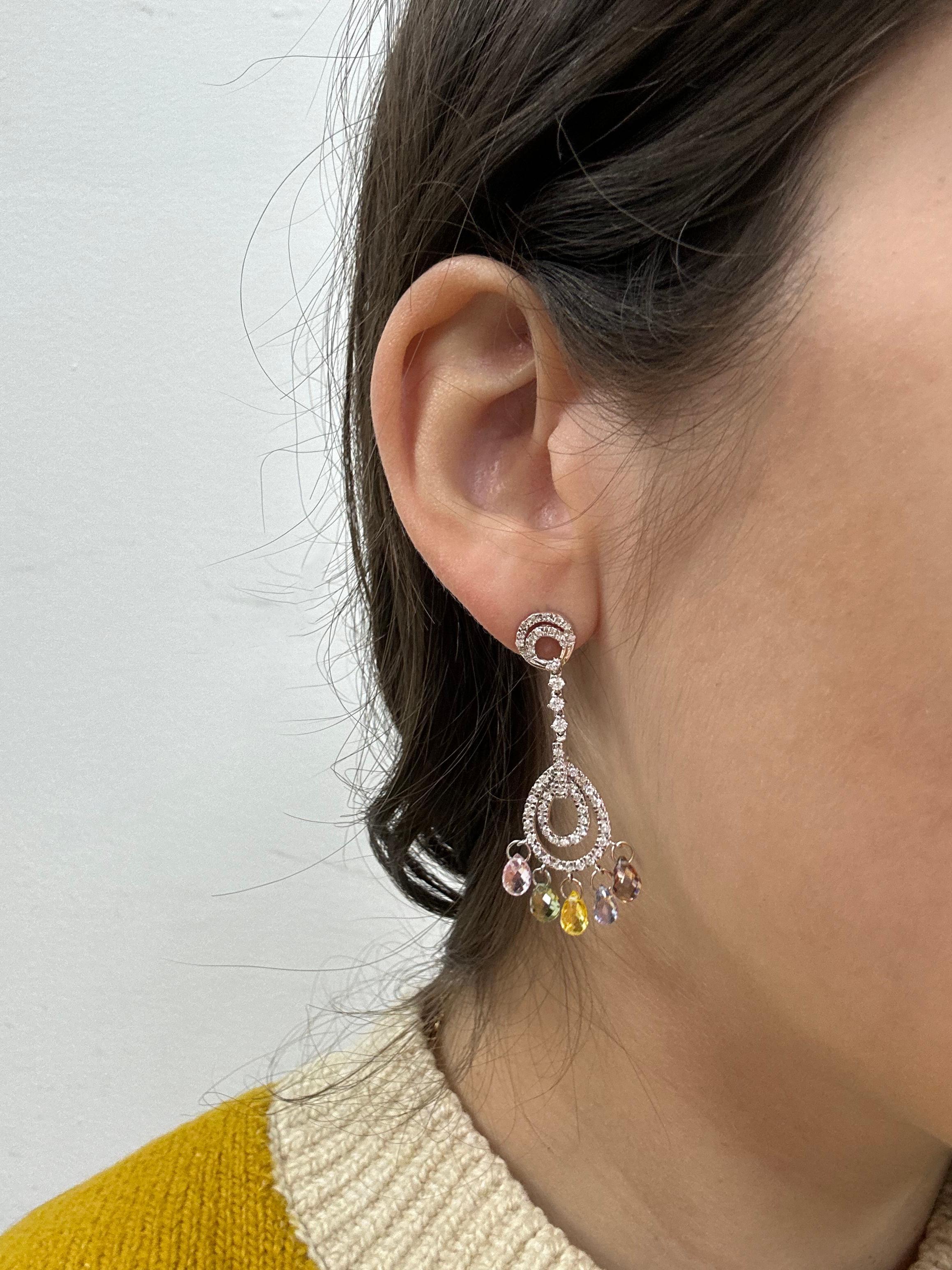 18K White Gold Diamond and Briolette Multicolor Sapphire Earrings
Condition: In good condition with some minor surface wear consistent with age.
Length: 1.5 inches 
Metal: 18K White Gold
Weight: 7.11 grams
Diamonds: 0.94 carats 
Multi Color